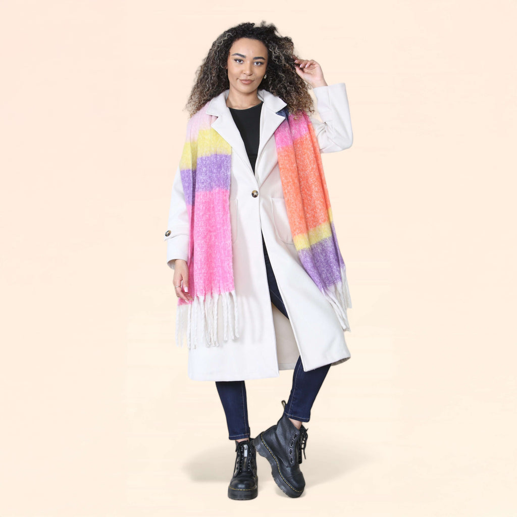 Women’s Pink Purple Chunky Knit Bright Plaid Blanket Scarf Long Winter Wrap Warm Striped Shawl with Tassels Gift for Ladies