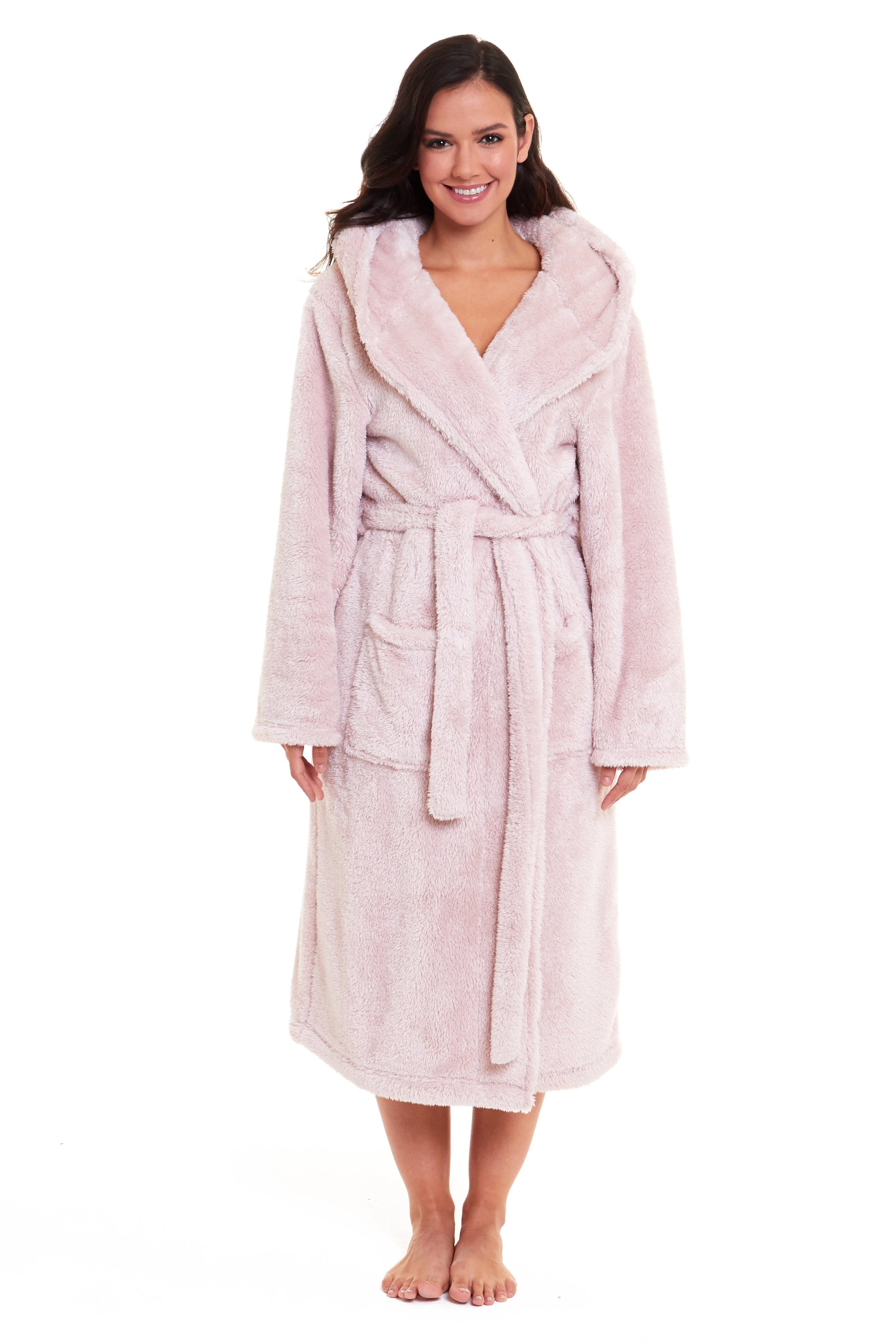 Women's Pink Snuggle Fleece Touch Hooded Robe Luxurious Soft Loungewear Cosy Durable Dressing Gown UK Sizes 8-22