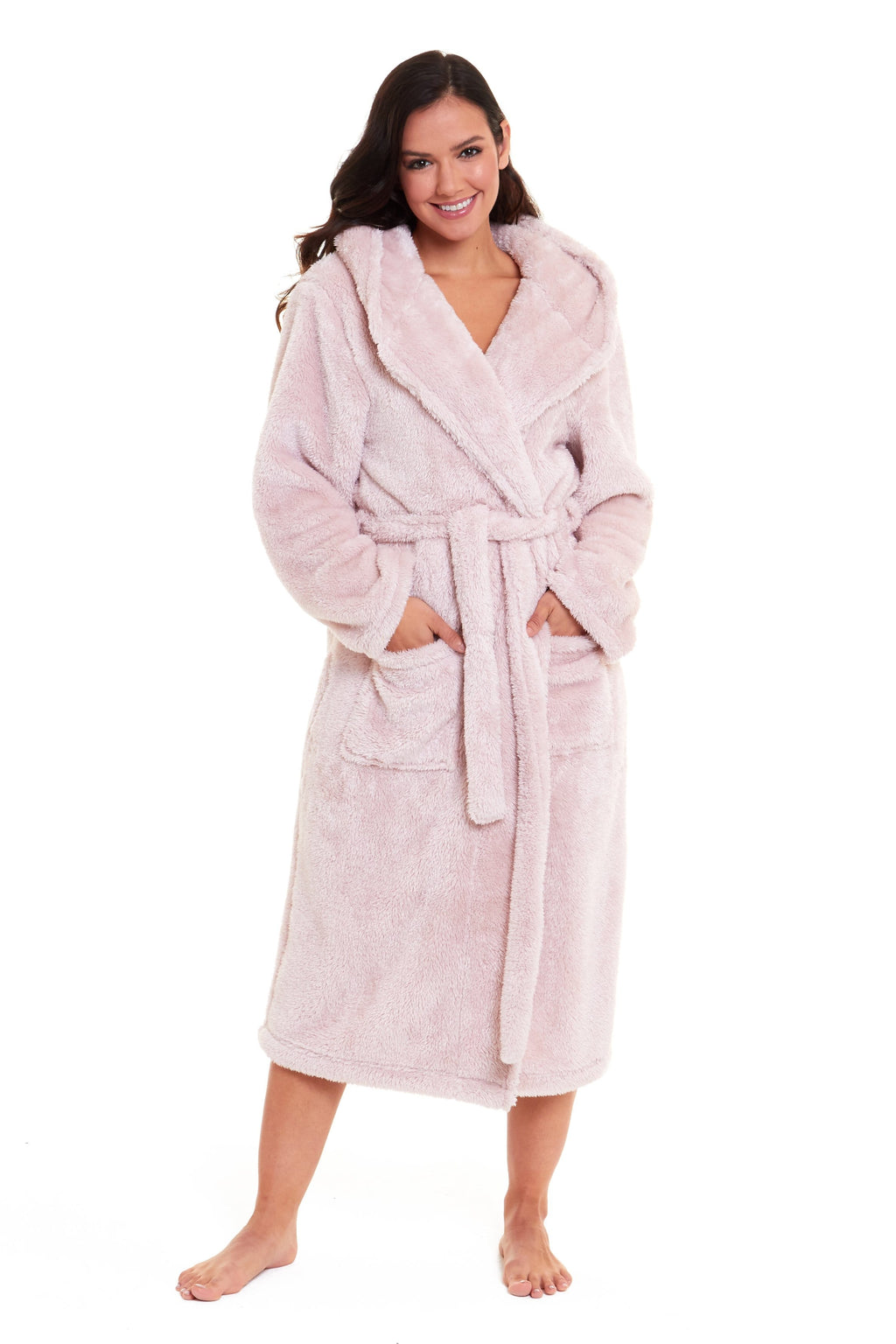Women's Pink Snuggle Fleece Touch Hooded Robe Luxurious Soft Loungewear Cosy Durable Dressing Gown UK Sizes 8-22