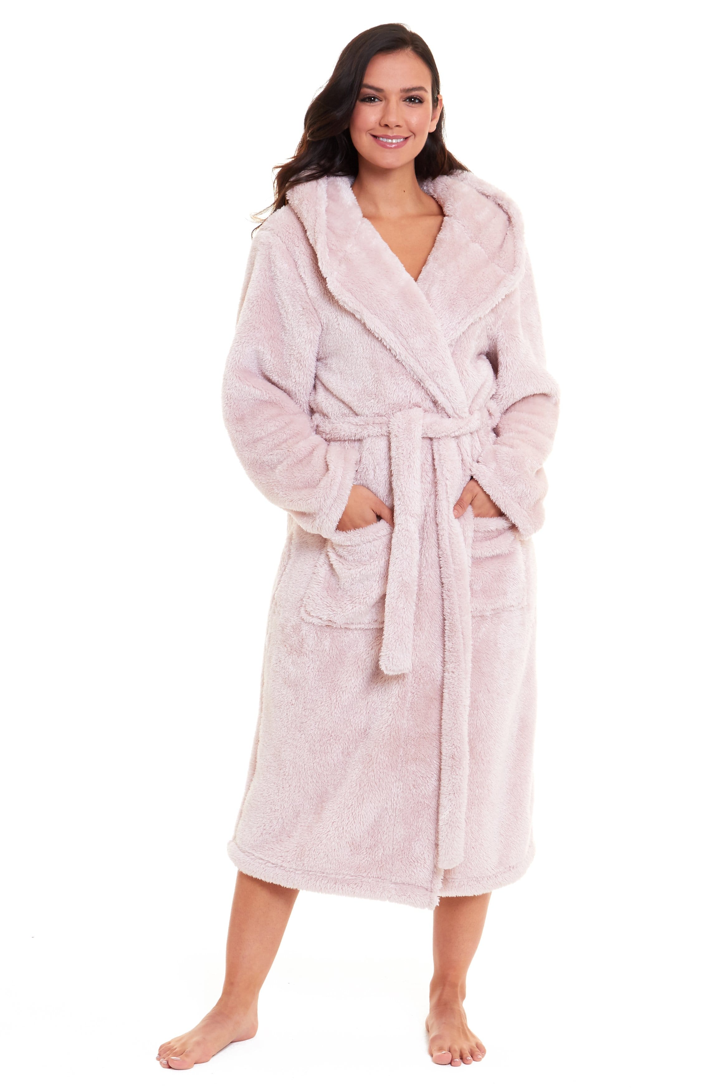Women's Pink Snuggle Fleece Touch Hooded Robe Luxurious Soft Loungewear Cosy Durable Dressing Gown UK Sizes 8-22