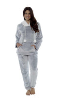 Women's Plush Fleece Hooded Pyjama Set Shimmer Grey Super Soft Fabric Elasticated Waistband Sherpa Edging Cozy Sleepwear Small to X Large
