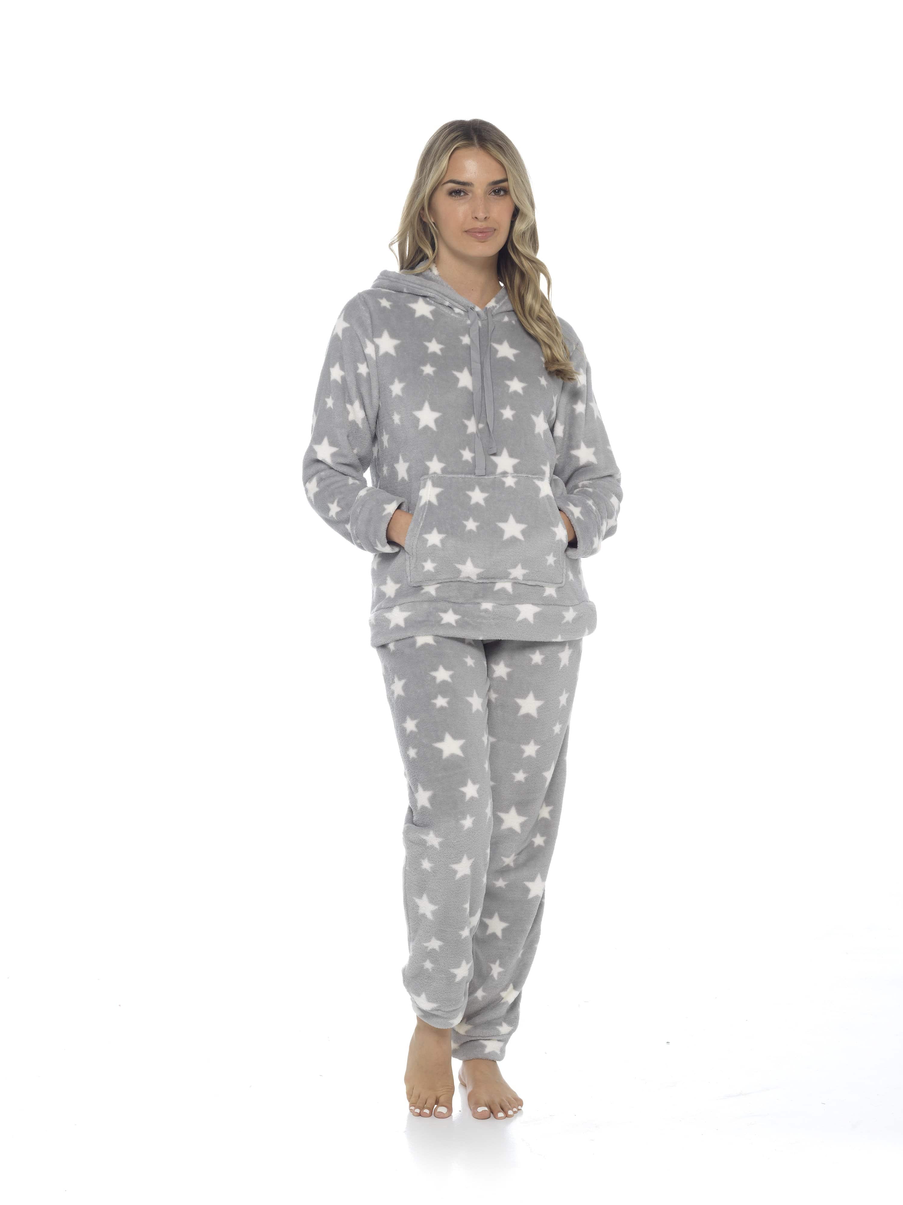 Women's Plush Fleece Hooded Pyjama Set Stars Design Soft Teddy Fabric Cosy Nightwear Loungewear Warm Comfortable Multiple Sizes