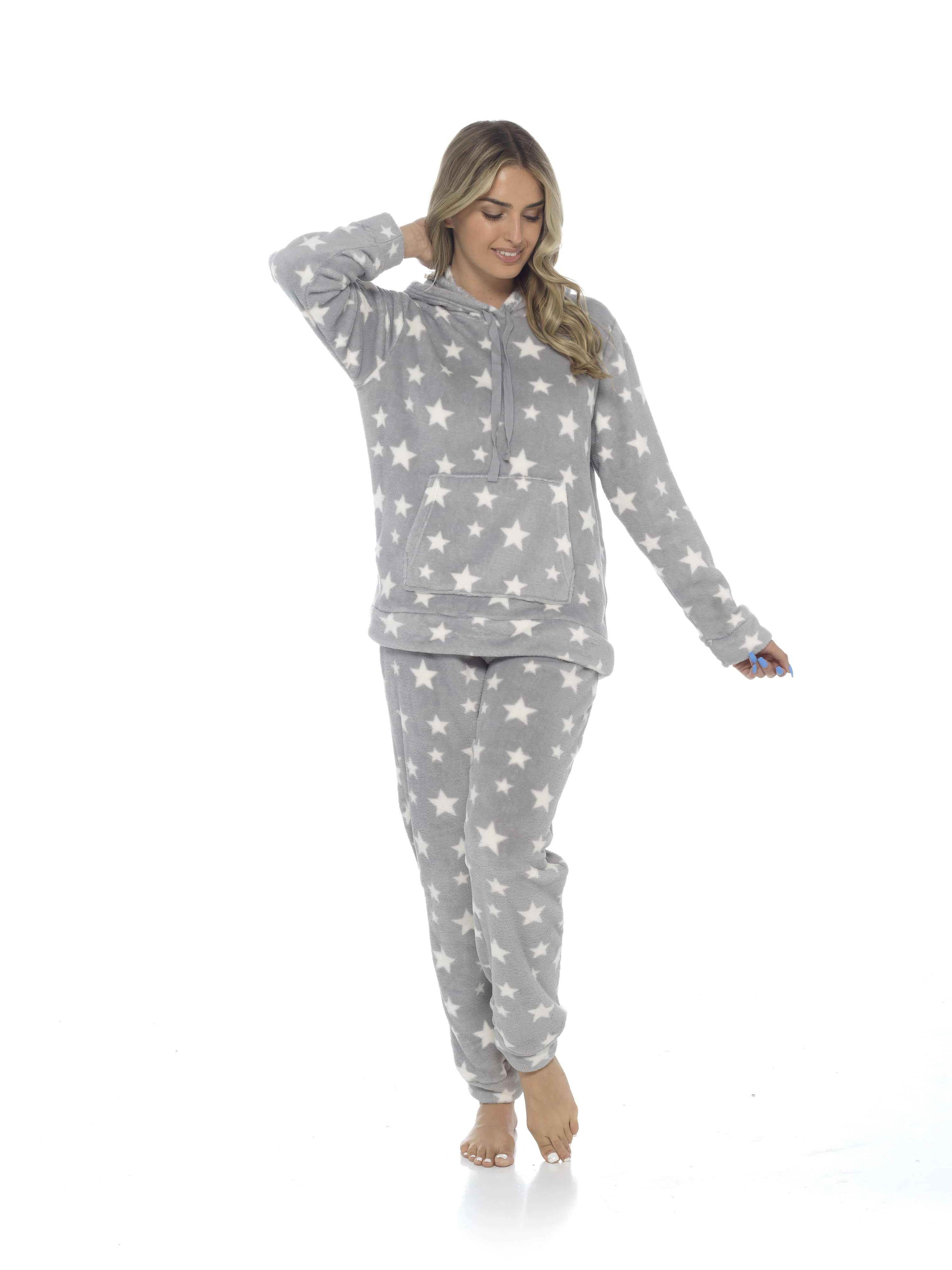 Women's Plush Fleece Hooded Pyjama Set Stars Design Soft Teddy Fabric Cosy Nightwear Loungewear Warm Comfortable Multiple Sizes