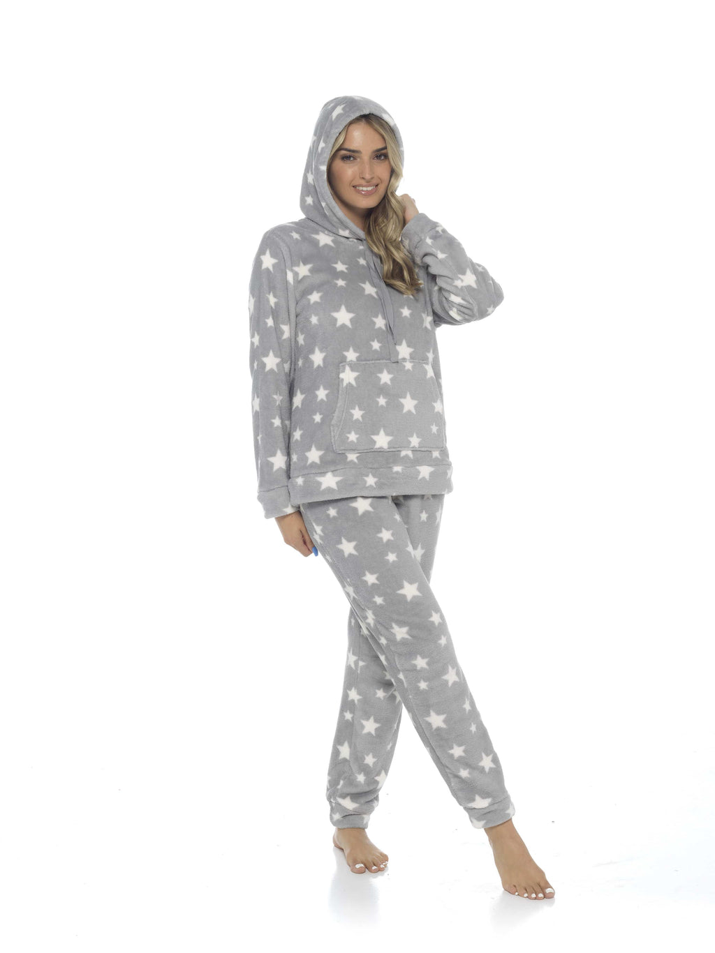 Women's Plush Fleece Hooded Pyjama Set Stars Design Soft Teddy Fabric Cosy Nightwear Loungewear Warm Comfortable Multiple Sizes