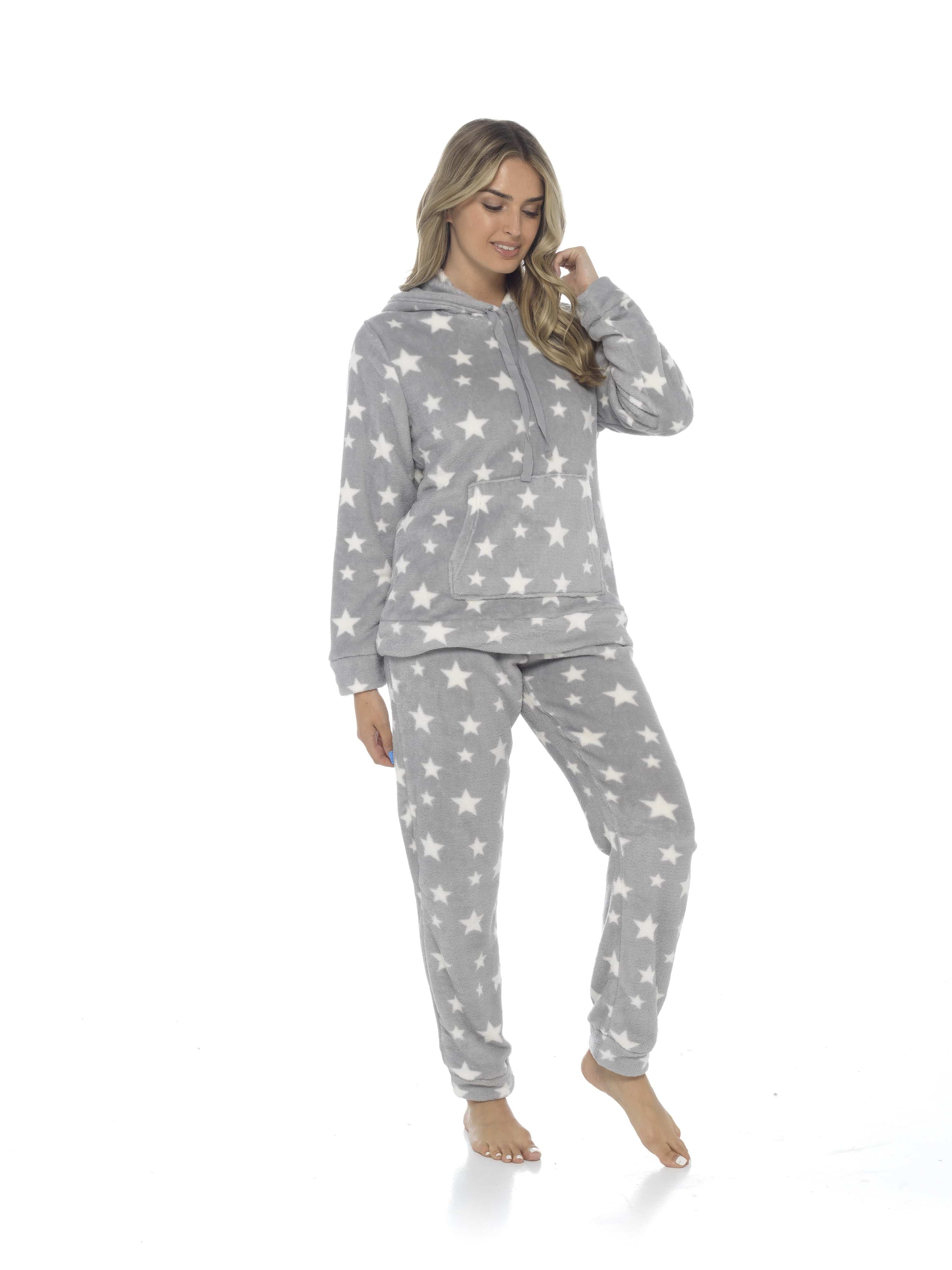 Women's Plush Fleece Hooded Pyjama Set Stars Design Soft Teddy Fabric Cosy Nightwear Loungewear Warm Comfortable Multiple Sizes