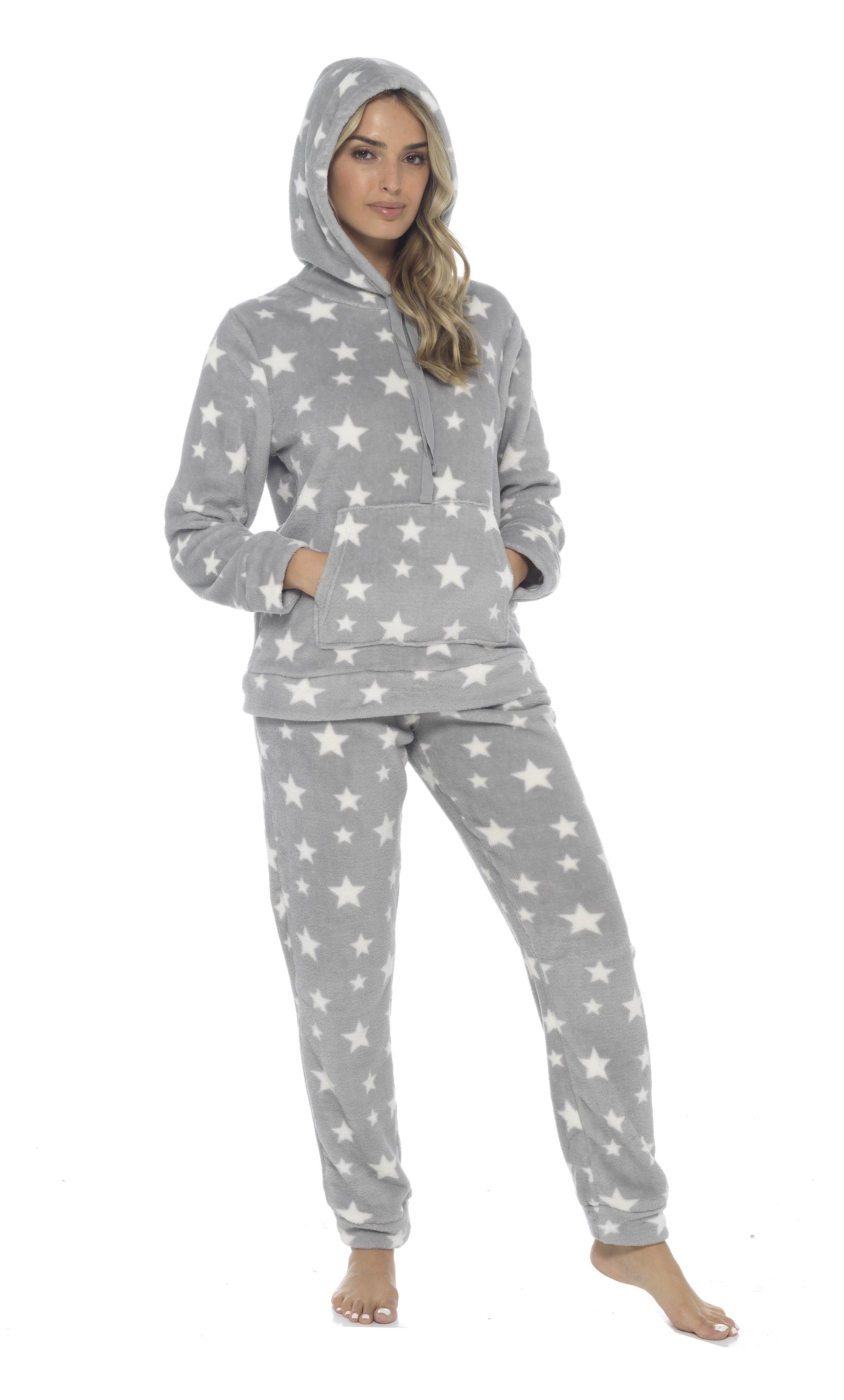 Women's Plush Fleece Hooded Pyjama Set Stars Design Soft Teddy Fabric Cosy Nightwear Loungewear Warm Comfortable Multiple Sizes