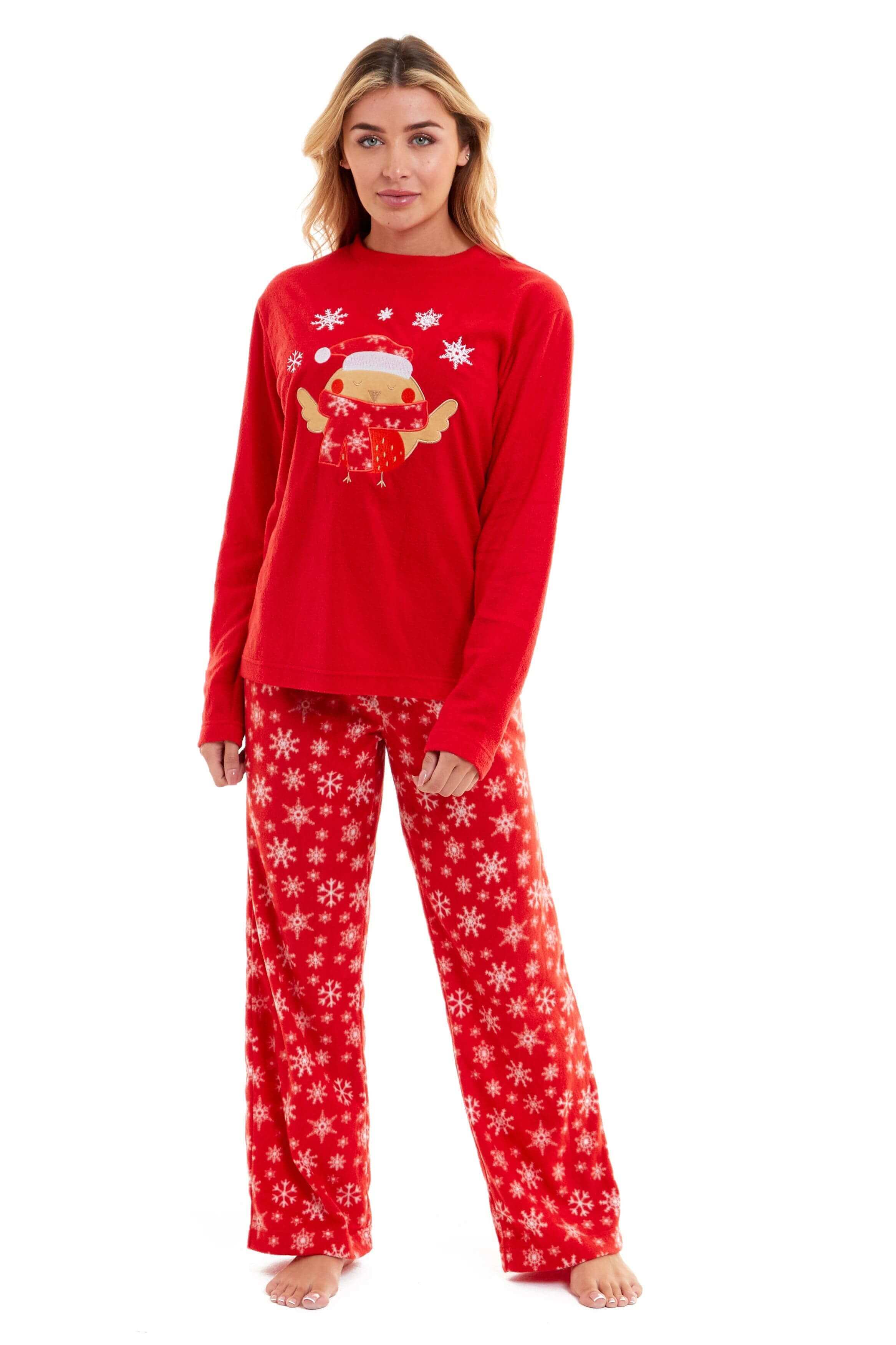 Women's Red Robin Polar Fleece Pyjama Set Super Soft Hooded Top and Elasticated Pants with Embroidered Detailing