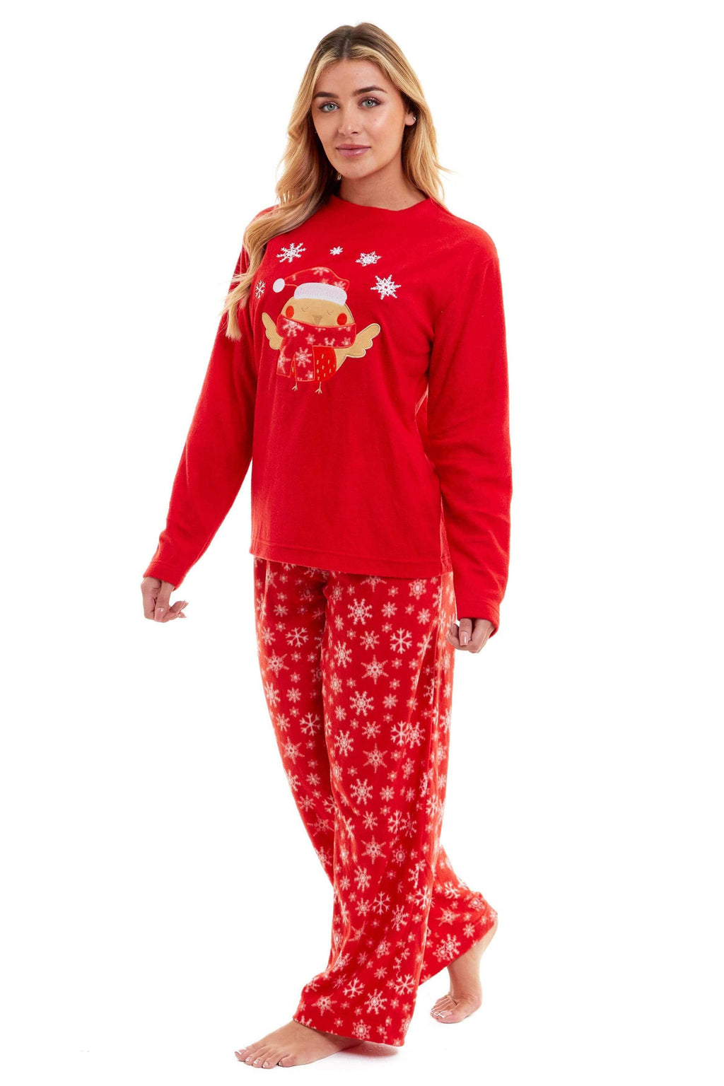 Women's Red Robin Polar Fleece Pyjama Set Super Soft Hooded Top and Elasticated Pants with Embroidered Detailing