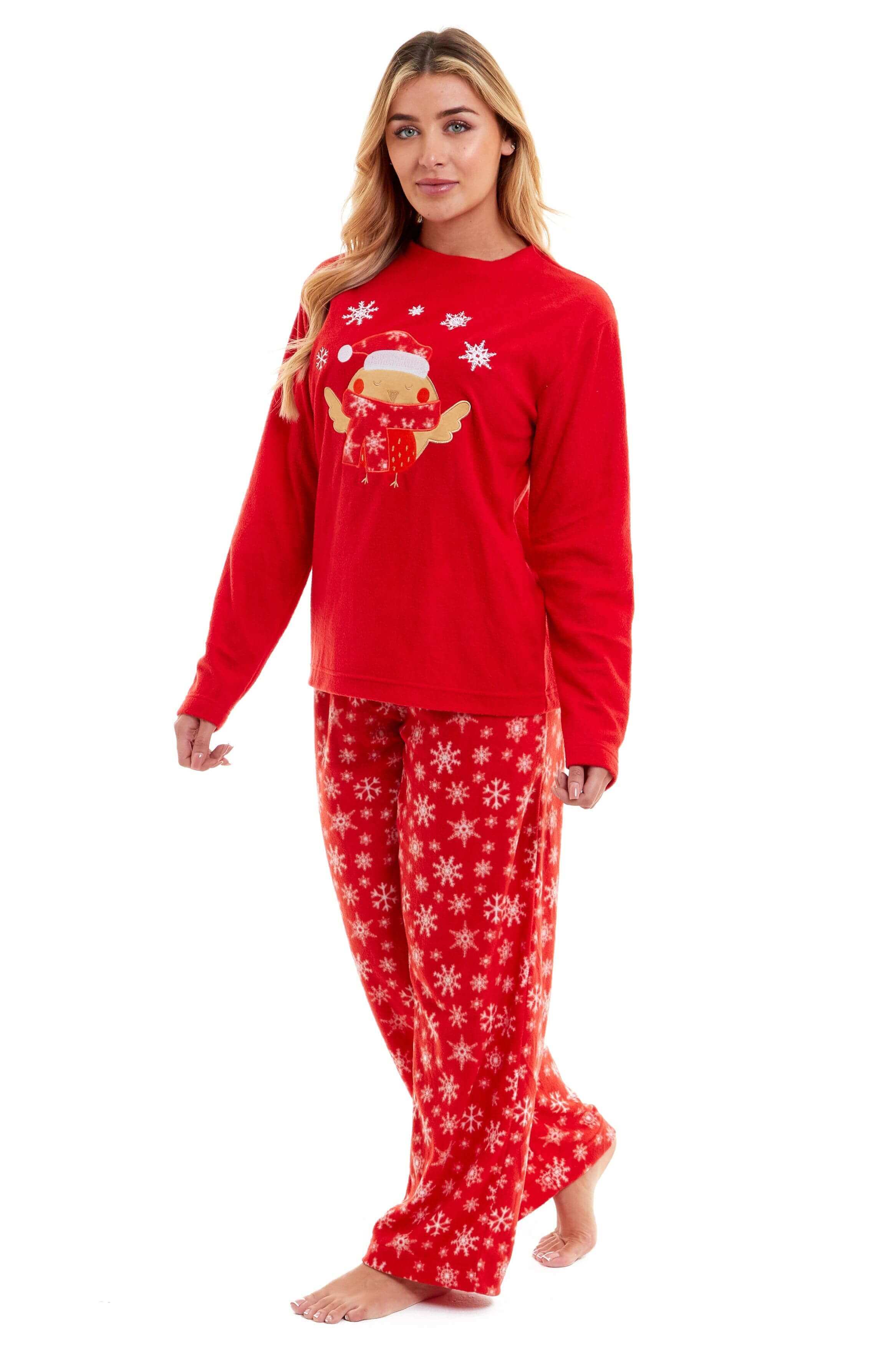 Women's Red Robin Polar Fleece Pyjama Set Super Soft Hooded Top and Elasticated Pants with Embroidered Detailing