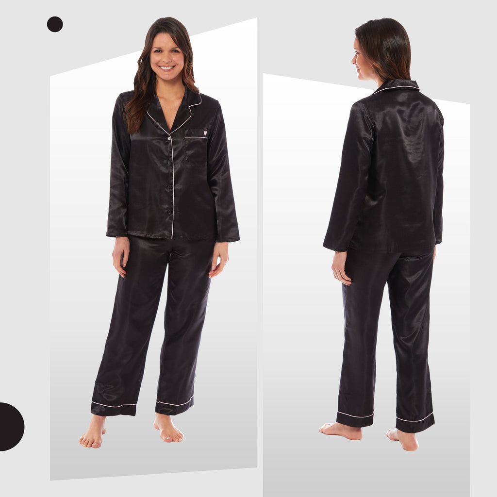 Women's Satin Silk Luxurious Pyjama Set with Dress Shirt Collar and Loose-Fitting Pants in Black Pink Grey