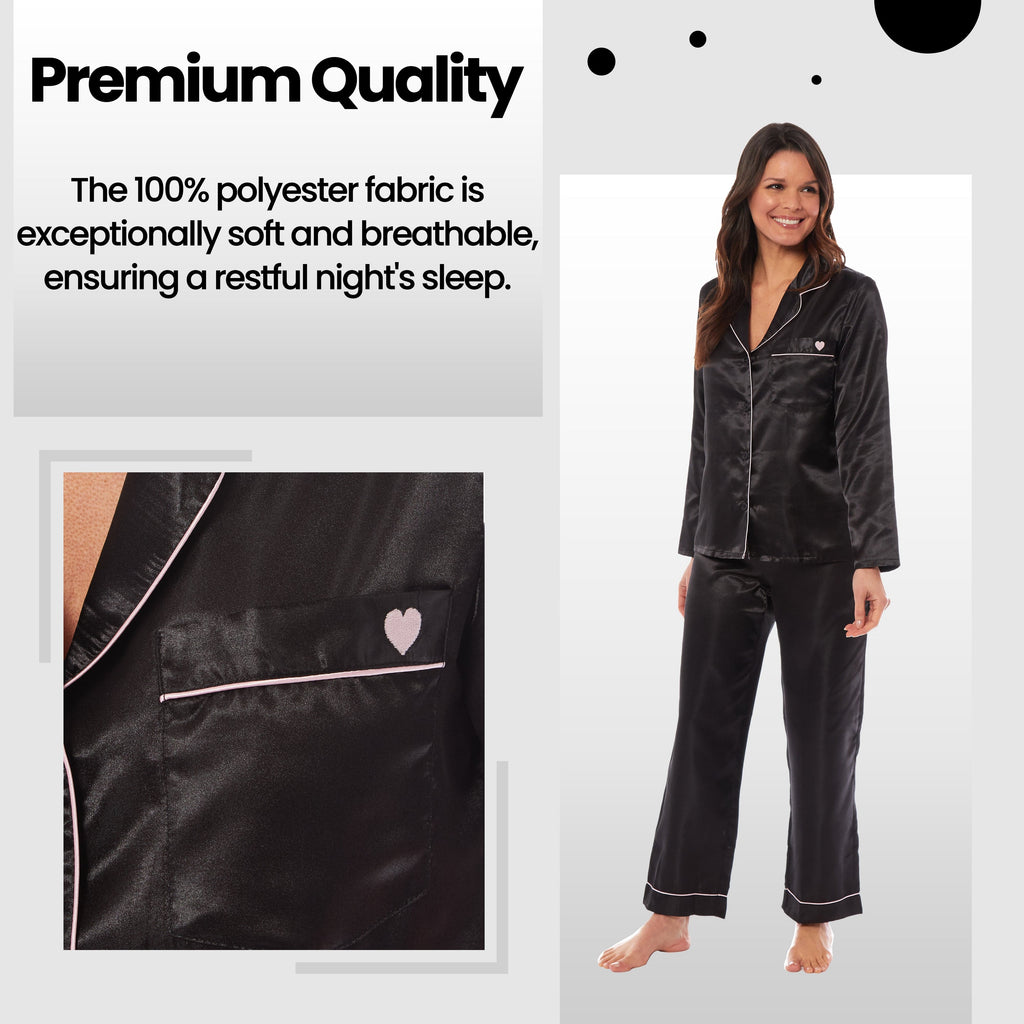 Women's Satin Silk Luxurious Pyjama Set with Dress Shirt Collar and Loose-Fitting Pants in Black Pink Grey