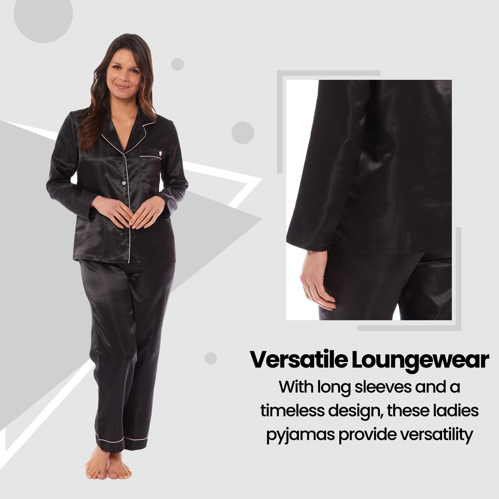 Women's Satin Silk Luxurious Pyjama Set with Dress Shirt Collar and Loose-Fitting Pants in Black Pink Grey