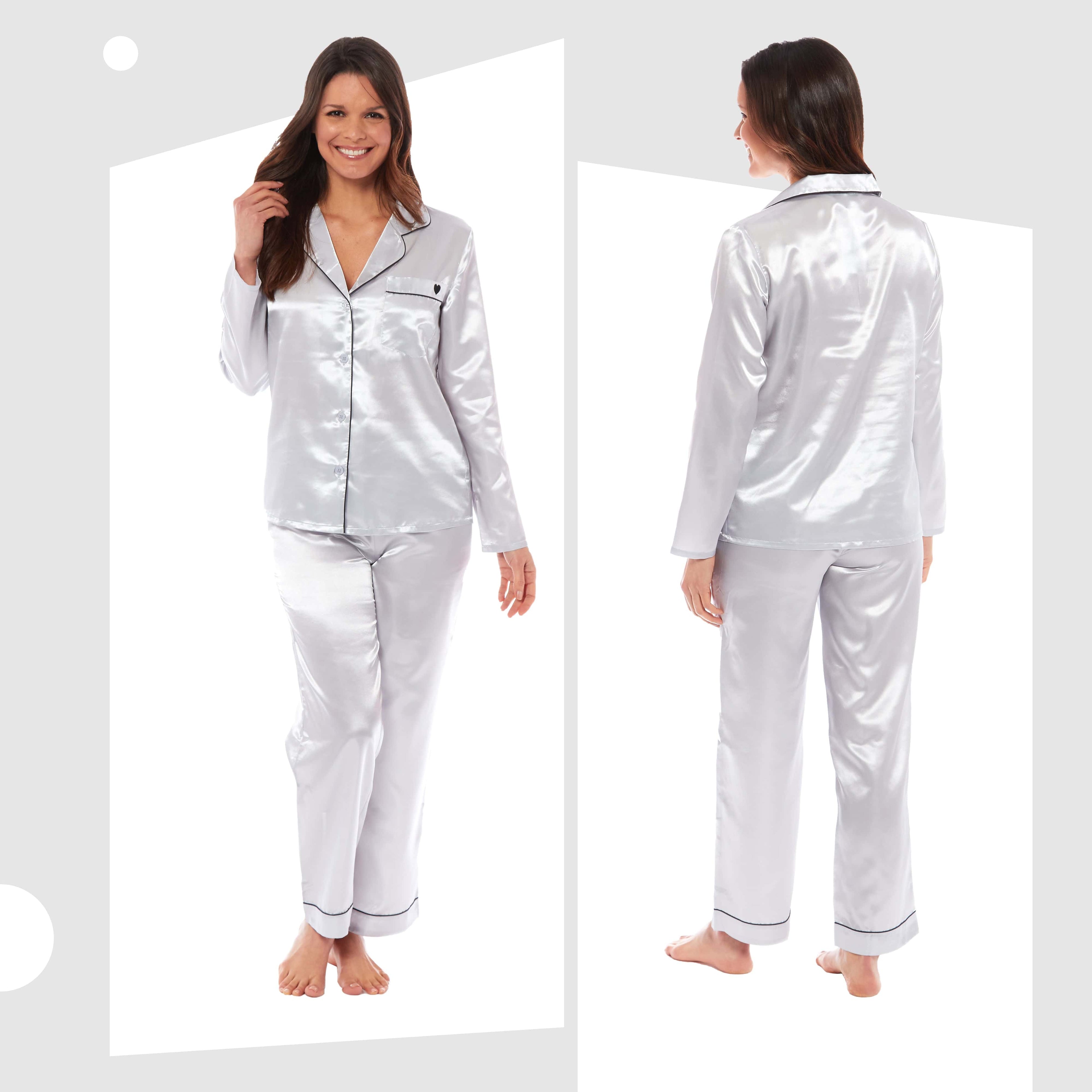 Women's Satin Silk Luxurious Pyjama Set with Dress Shirt Collar and Loose-Fitting Pants in Black Pink Grey