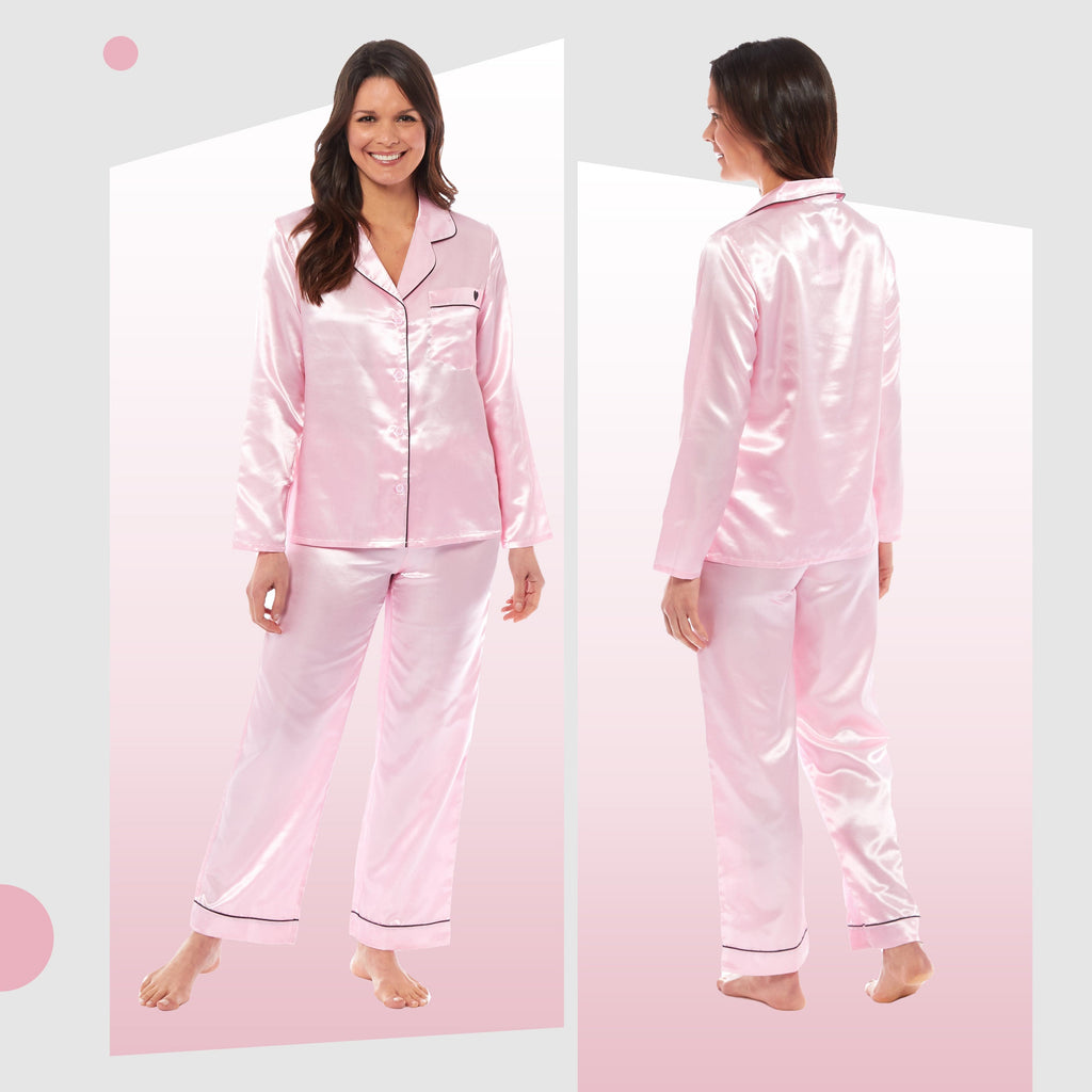 Women's Satin Silk Luxurious Pyjama Set with Dress Shirt Collar and Loose-Fitting Pants in Black Pink Grey