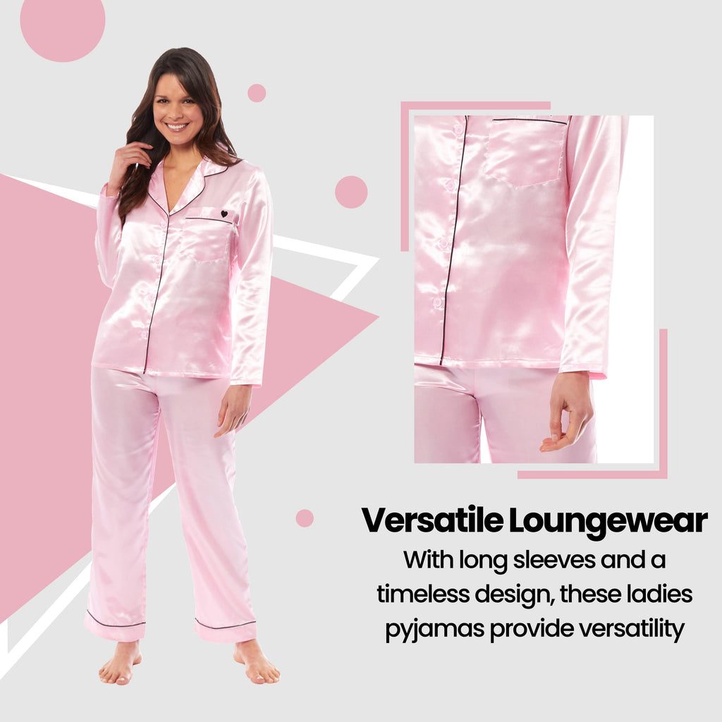 Women's Satin Silk Luxurious Pyjama Set with Dress Shirt Collar and Loose-Fitting Pants in Black Pink Grey