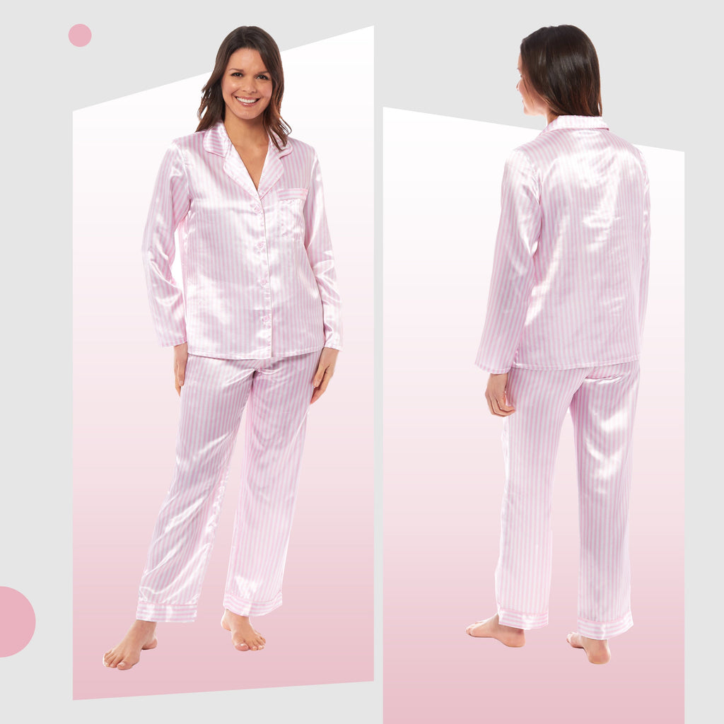 Women's Satin Silk Luxurious Pyjama Set with Dress Shirt Collar and Loose-Fitting Pants in Black Pink Grey