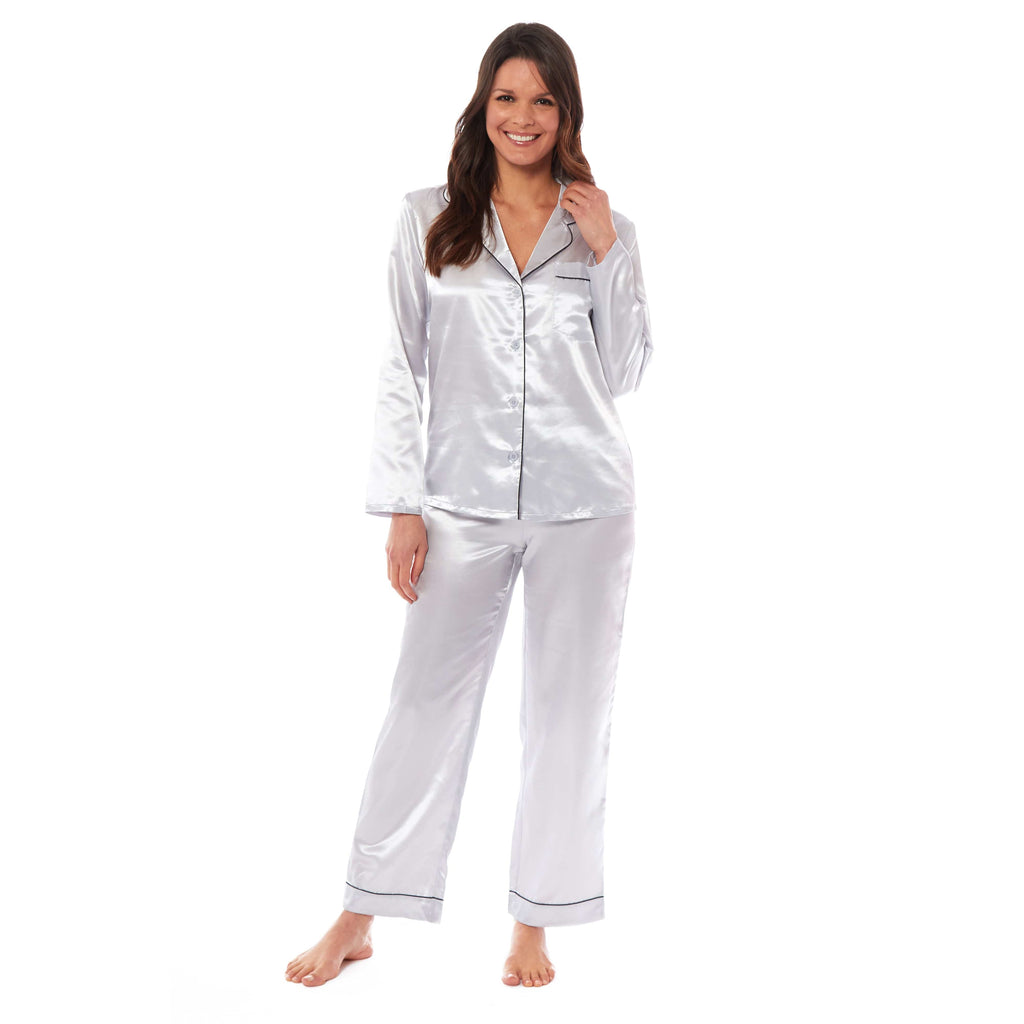 Women's Satin Silk Luxurious Pyjama Set with Dress Shirt Collar and Loose-Fitting Pants in Black Pink Grey