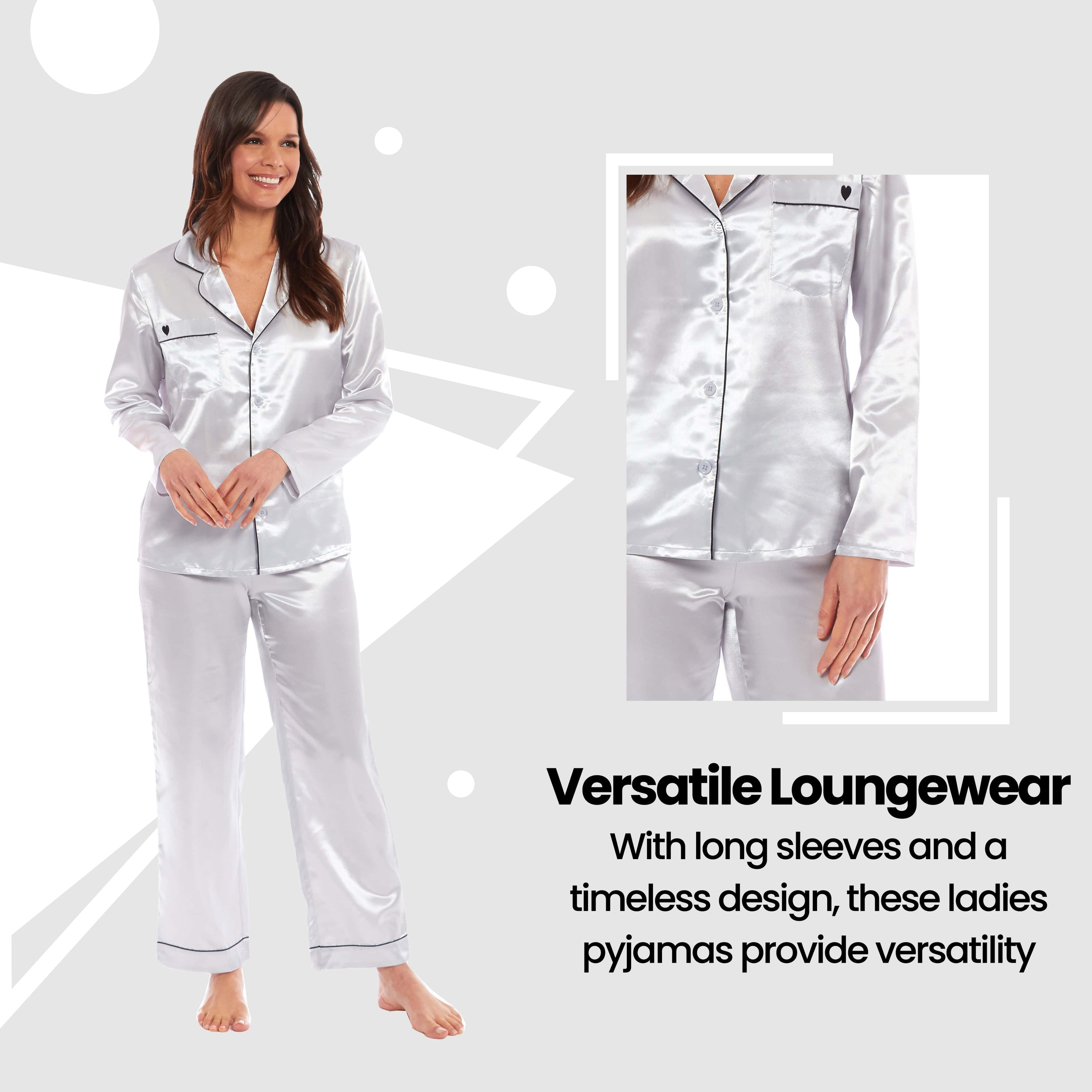 Women's Satin Silk Luxurious Pyjama Set with Dress Shirt Collar and Loose-Fitting Pants in Black Pink Grey