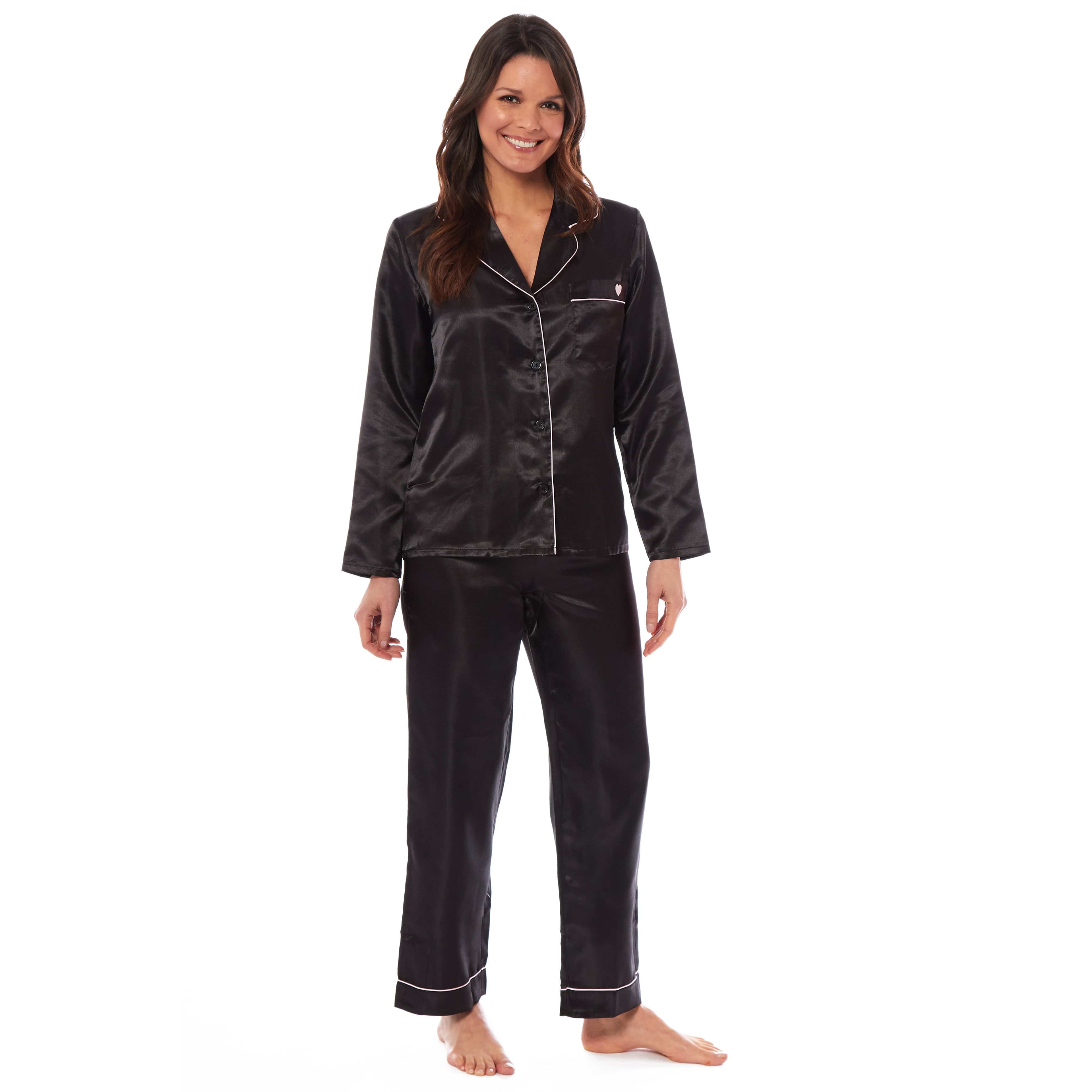 Women's Satin Silk Luxurious Pyjama Set with Dress Shirt Collar and Loose-Fitting Pants in Black Pink Grey