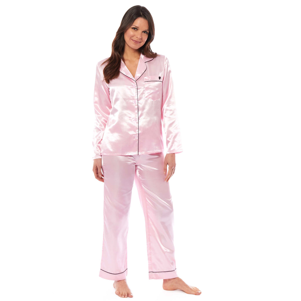 Women's Satin Silk Luxurious Pyjama Set with Dress Shirt Collar and Loose-Fitting Pants in Black Pink Grey