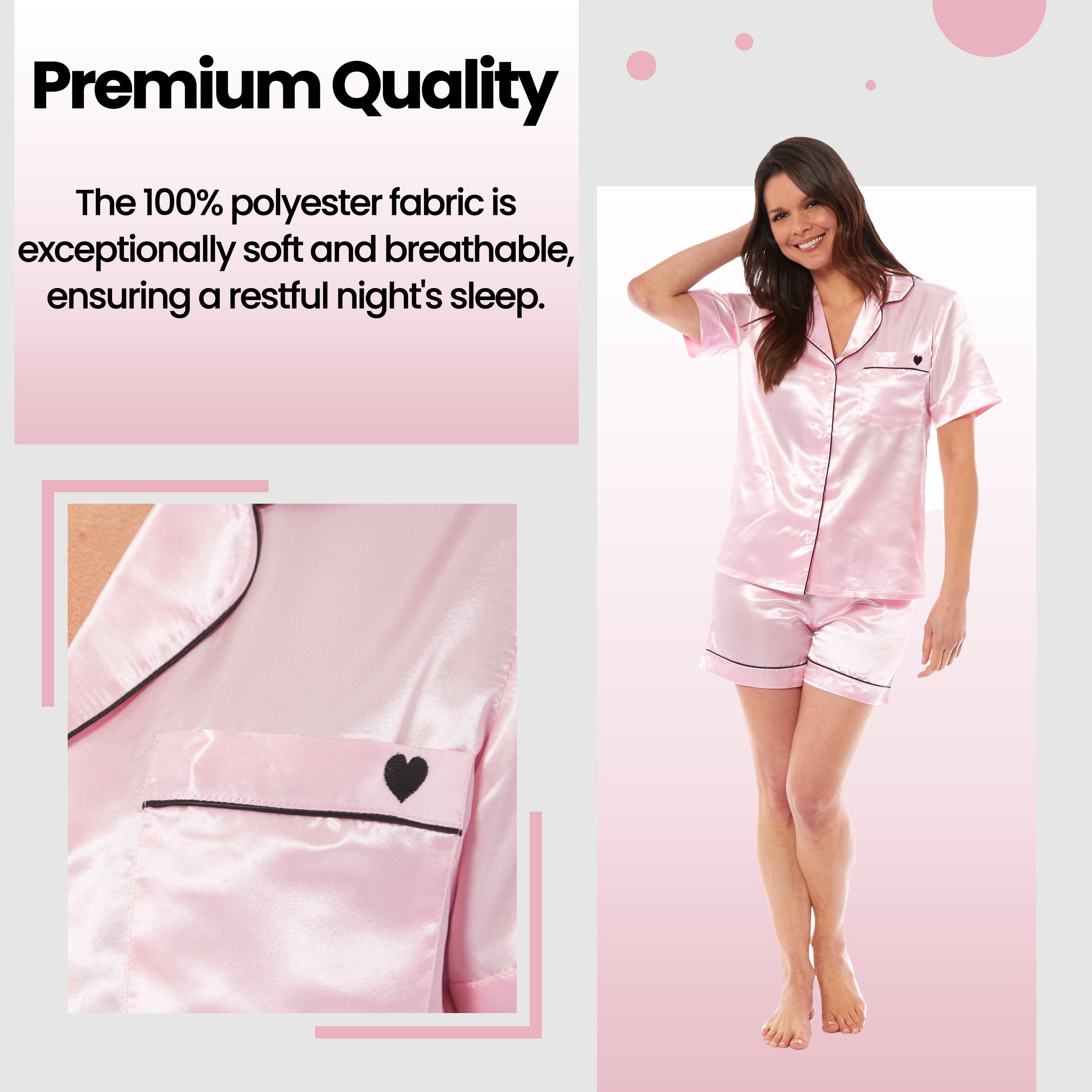 Women's Satin Silk Pyjama Set Satin PJs Short Loungewear Nightwear for Women in Black Pink Grey Sizes UK 8-22