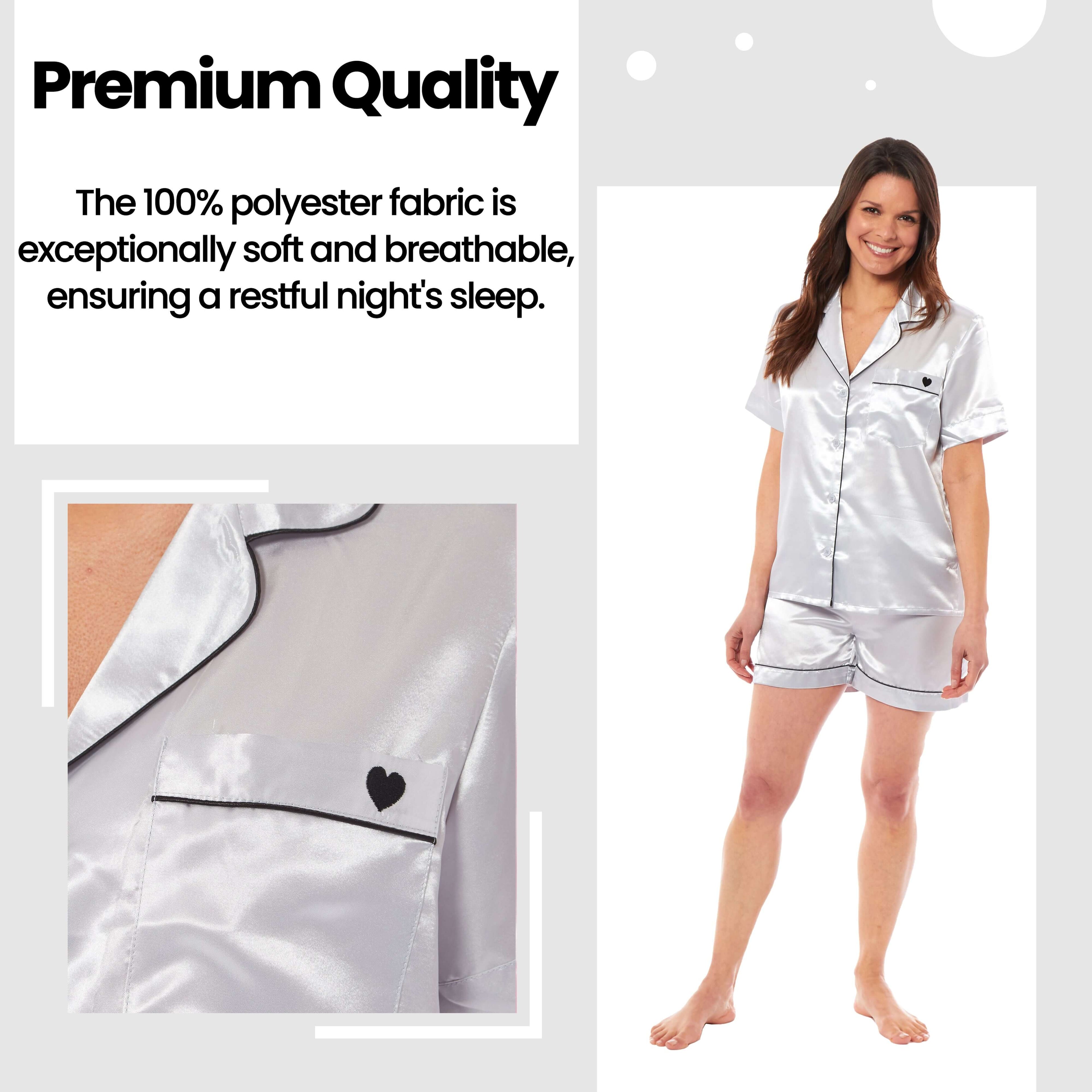 Women's Satin Silk Short Pyjama Set Soft Breathable Nightwear Loungewear PJs Black Pink Grey UK Sizes 8-22