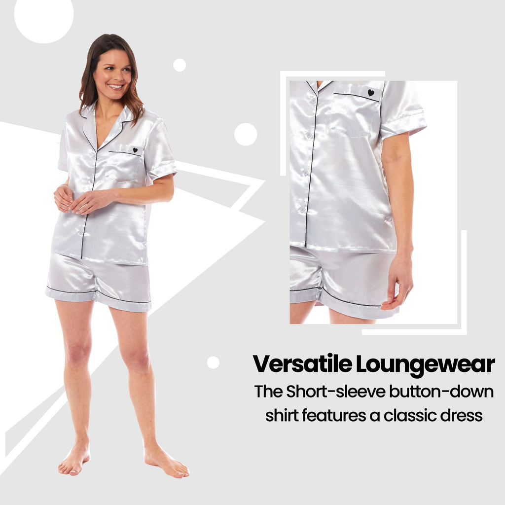 Women's Satin Silk Short Pyjama Set Soft Breathable Nightwear Loungewear PJs Black Pink Grey UK Sizes 8-22