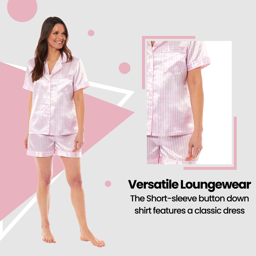 Women's Satin Silk Short Pyjama Set Soft Breathable Nightwear Loungewear PJs Black Pink Grey UK Sizes 8-22