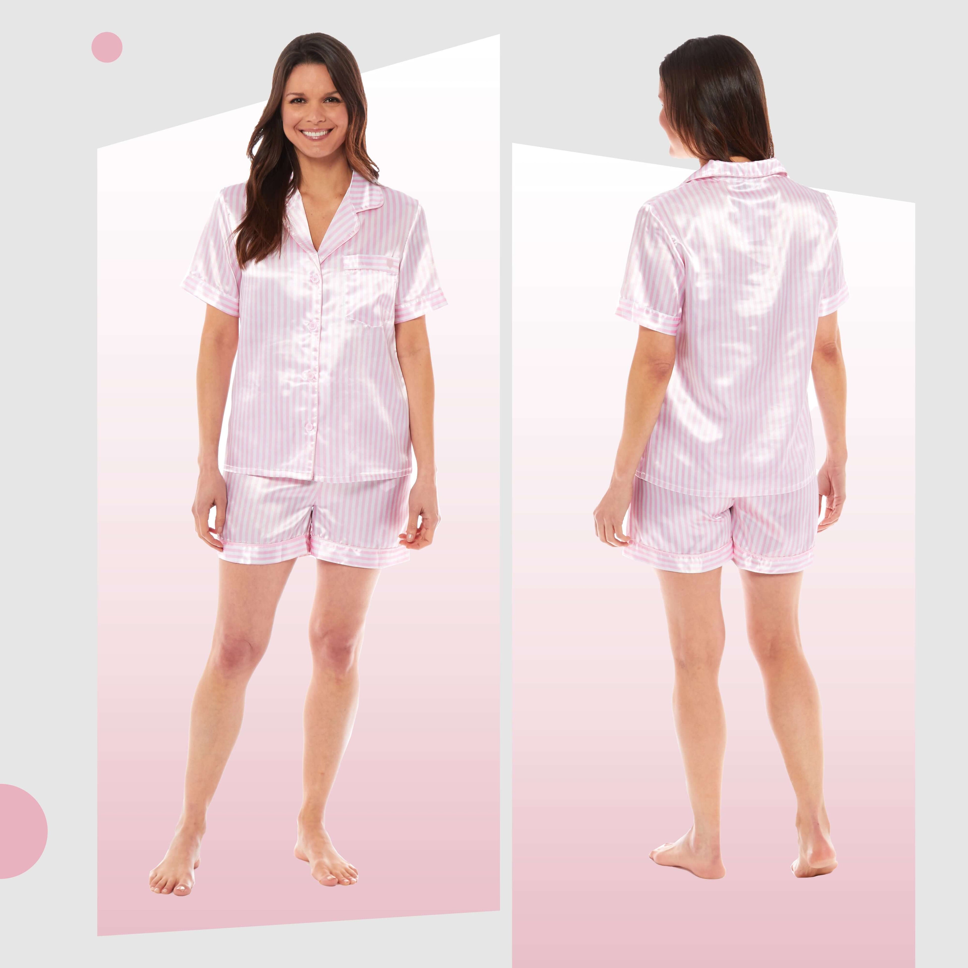 Women's Satin Silk Short Pyjama Set Soft Breathable Nightwear Loungewear PJs Black Pink Grey UK Sizes 8-22