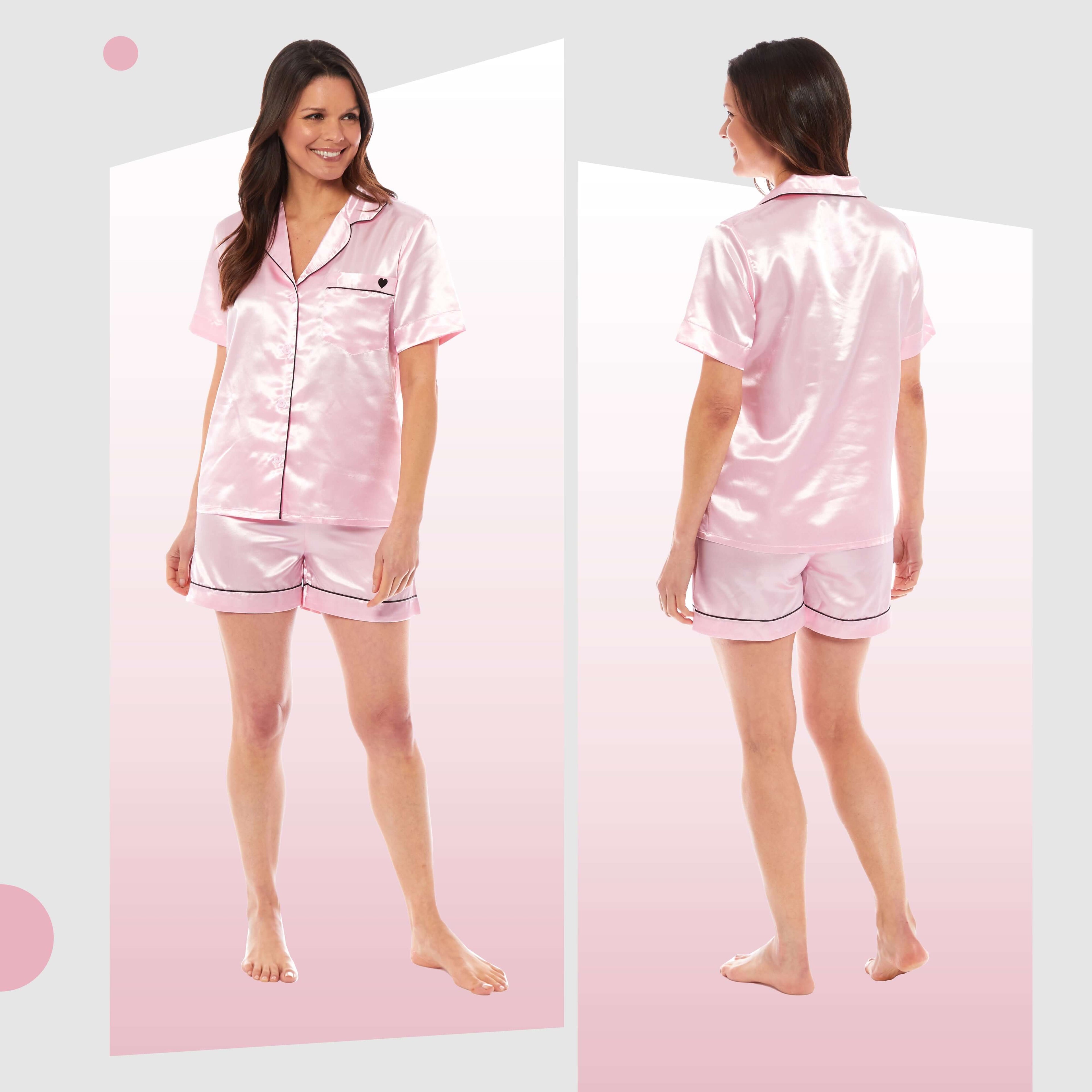 Women's Satin Silk Short Pyjama Set Soft Breathable Nightwear Loungewear PJs Black Pink Grey UK Sizes 8-22
