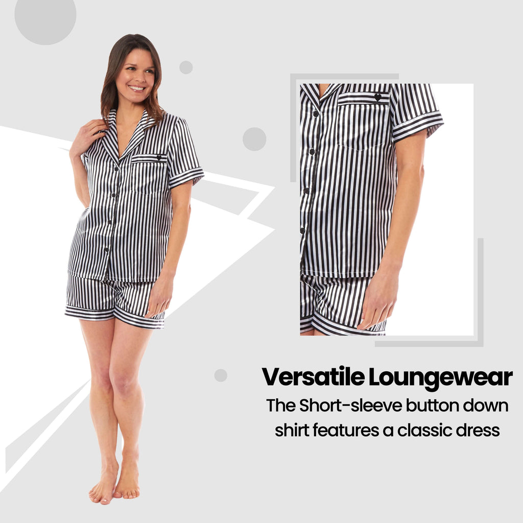 Women's Satin Silk Short Pyjama Set Soft Breathable Nightwear Loungewear PJs Black Pink Grey UK Sizes 8-22