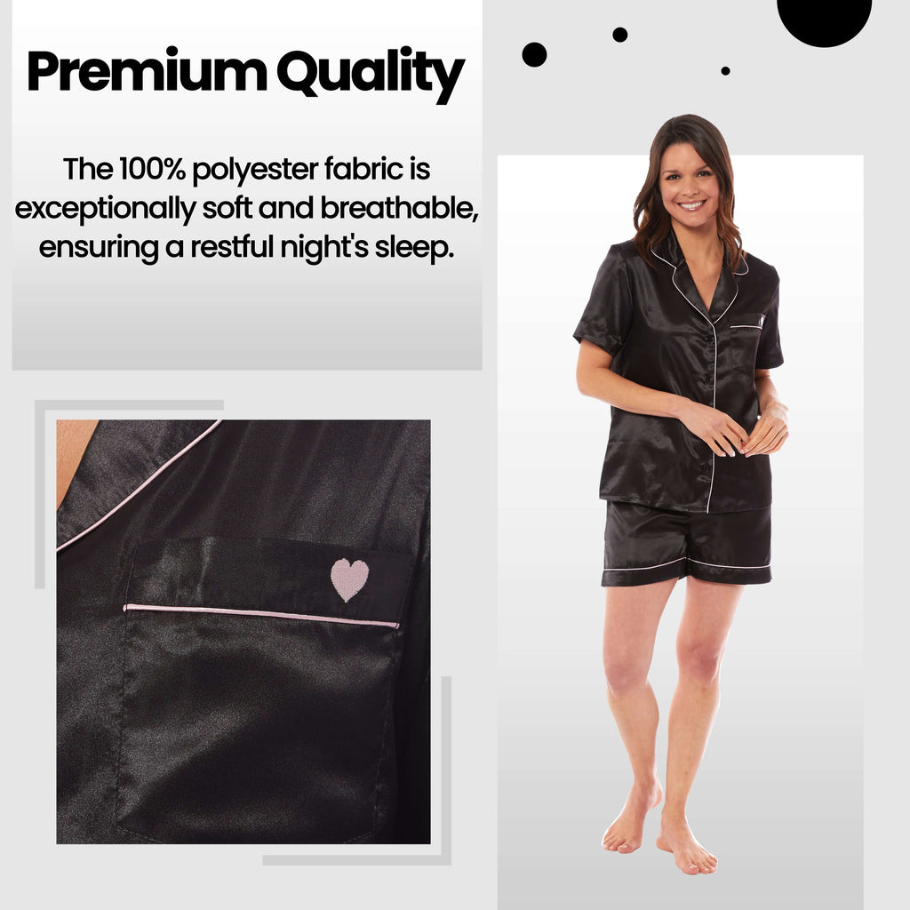 Women's Satin Silk Short Pyjama Set Soft Breathable Nightwear Loungewear PJs Black Pink Grey UK Sizes 8-22
