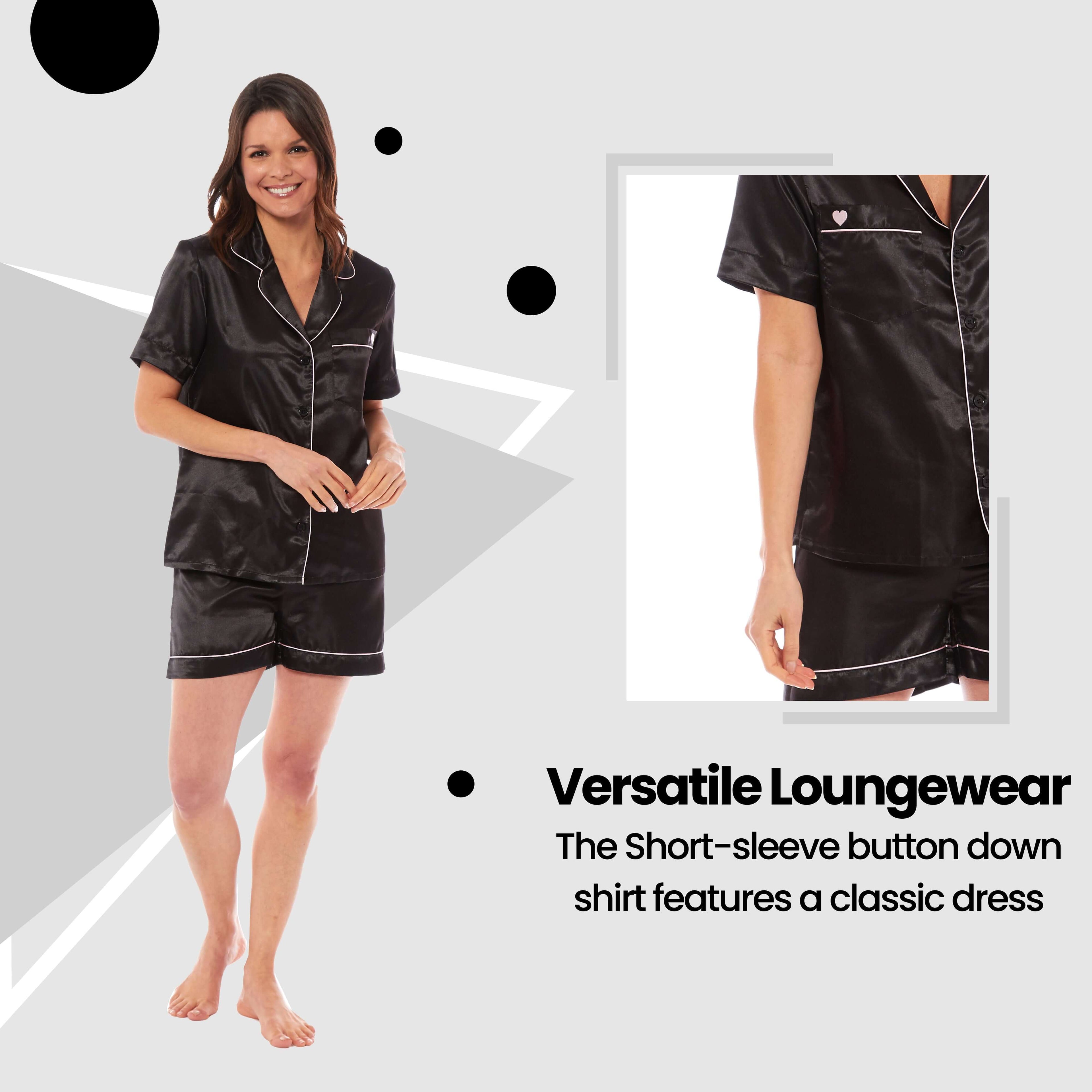 Women's Satin Silk Short Pyjama Set Soft Breathable Nightwear Loungewear PJs Black Pink Grey UK Sizes 8-22