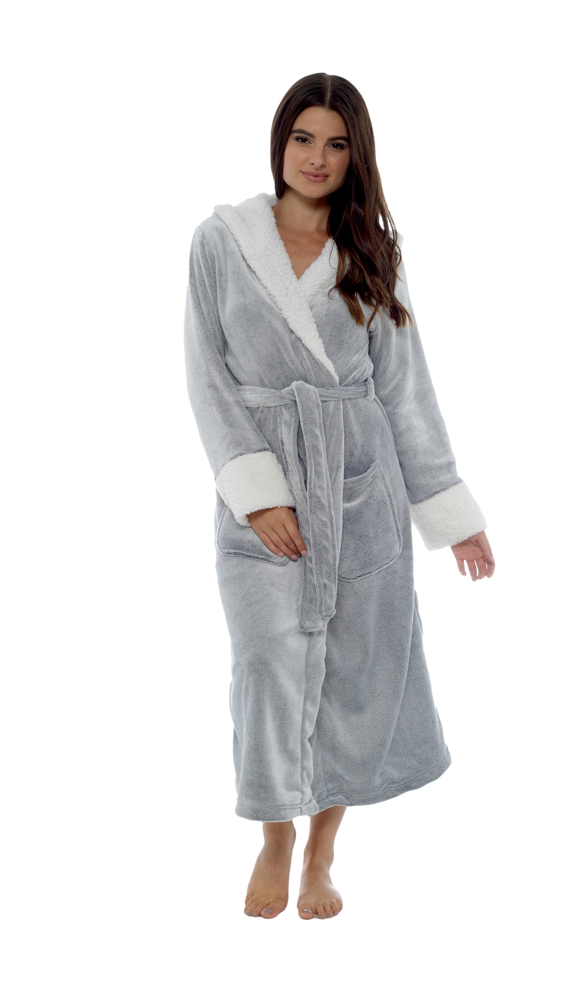 Women's Shimmer Fleece Hooded Bath Robe Soft Plush Luxurious Dressing Gown Perfect for Lounging and Cosy Nights in Shimmer Grey Multiple Sizes