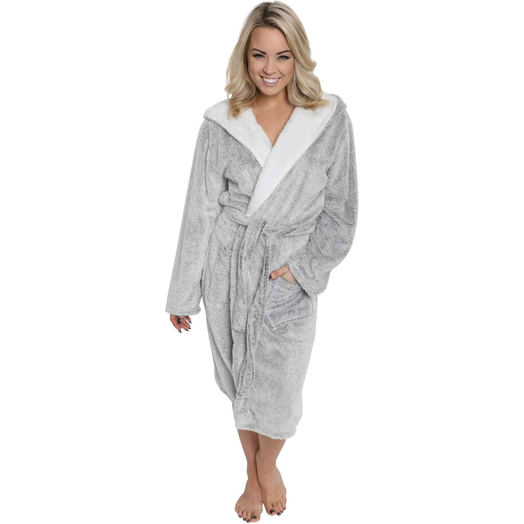 Women's Shimmer Grey Fleece Hooded Bathrobe Ultra-Soft Sherpa Lining Cozy Long Loungewear Luxurious Warm Plush Dressing Gown  for Winter