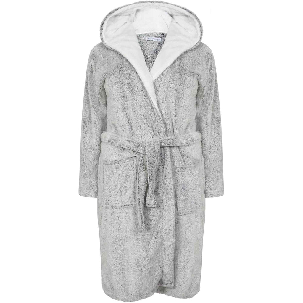 Women's Shimmer Grey Fleece Hooded Bathrobe Ultra-Soft Sherpa Lining Cozy Long Loungewear Luxurious Warm Plush Dressing Gown  for Winter