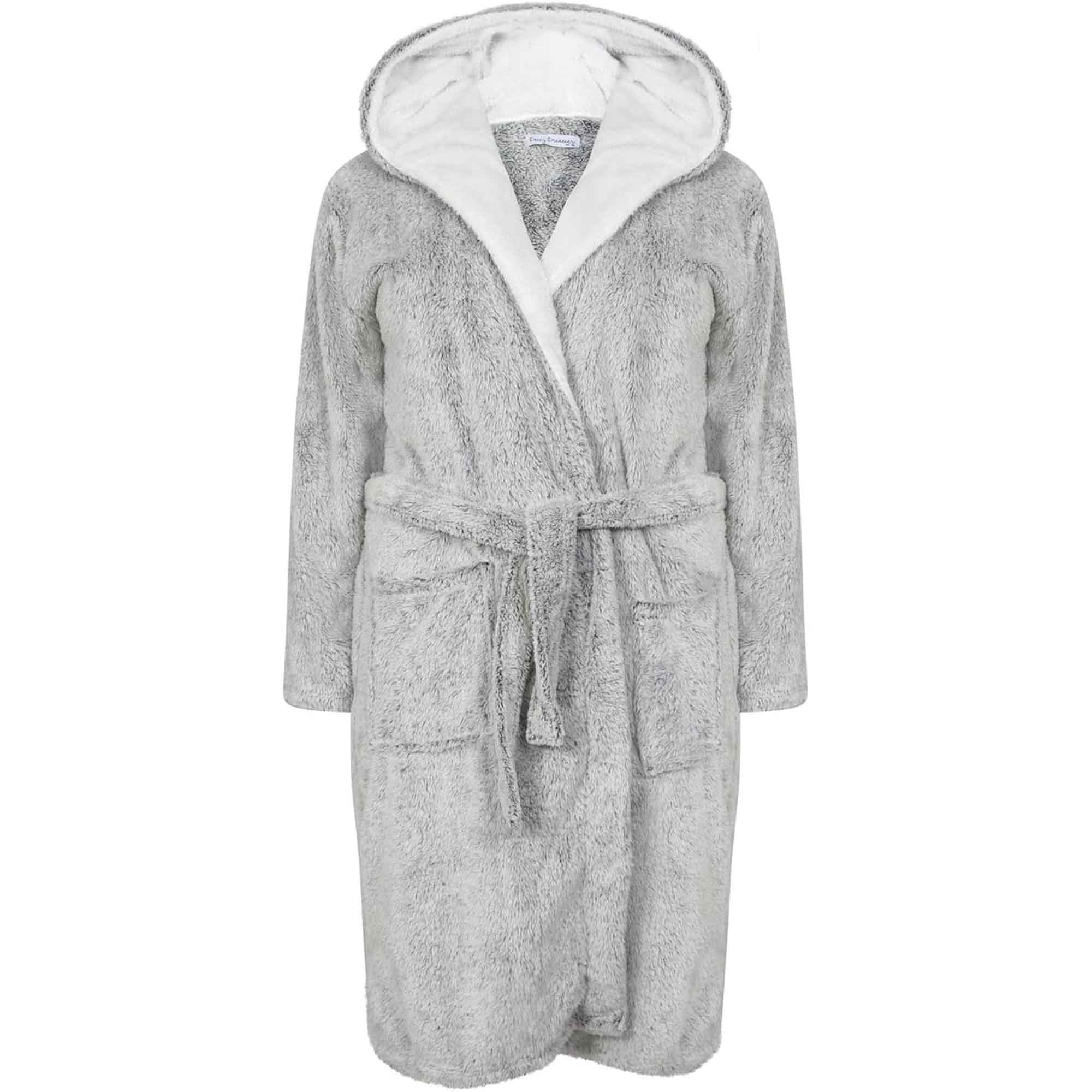Women's Shimmer Grey Fleece Hooded Bathrobe Ultra-Soft Sherpa Lining Cozy Long Loungewear Luxurious Warm Plush Dressing Gown  for Winter