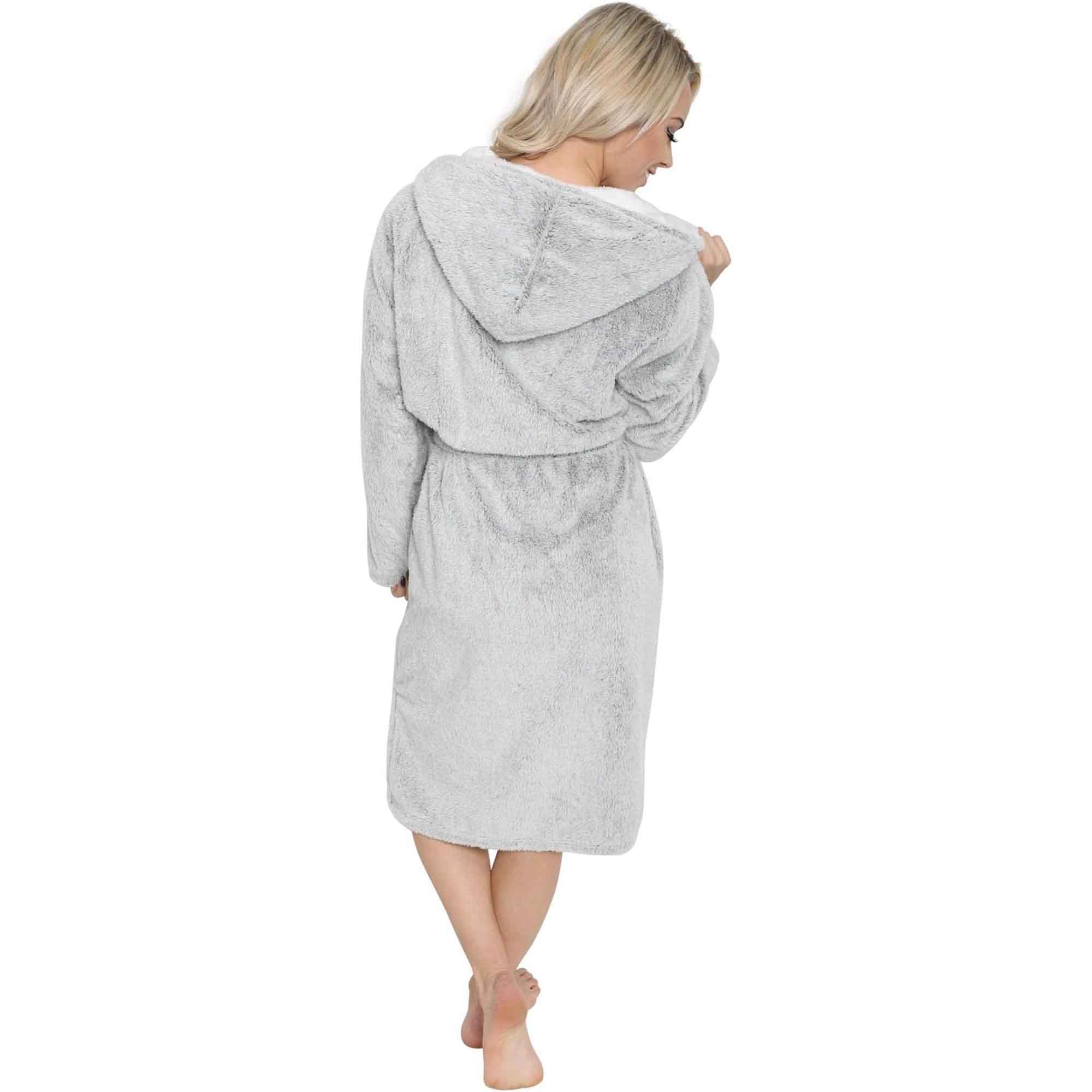 Women's Shimmer Grey Fleece Hooded Bathrobe Ultra-Soft Sherpa Lining Cozy Long Loungewear Luxurious Warm Plush Dressing Gown  for Winter
