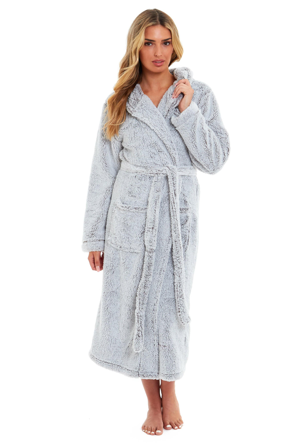 Women's Shimmer Grey Snuggle Fleece Touch Hooded Robe Luxurious Soft Loungewear Cosy Durable Dressing Gown UK Sizes 8-22