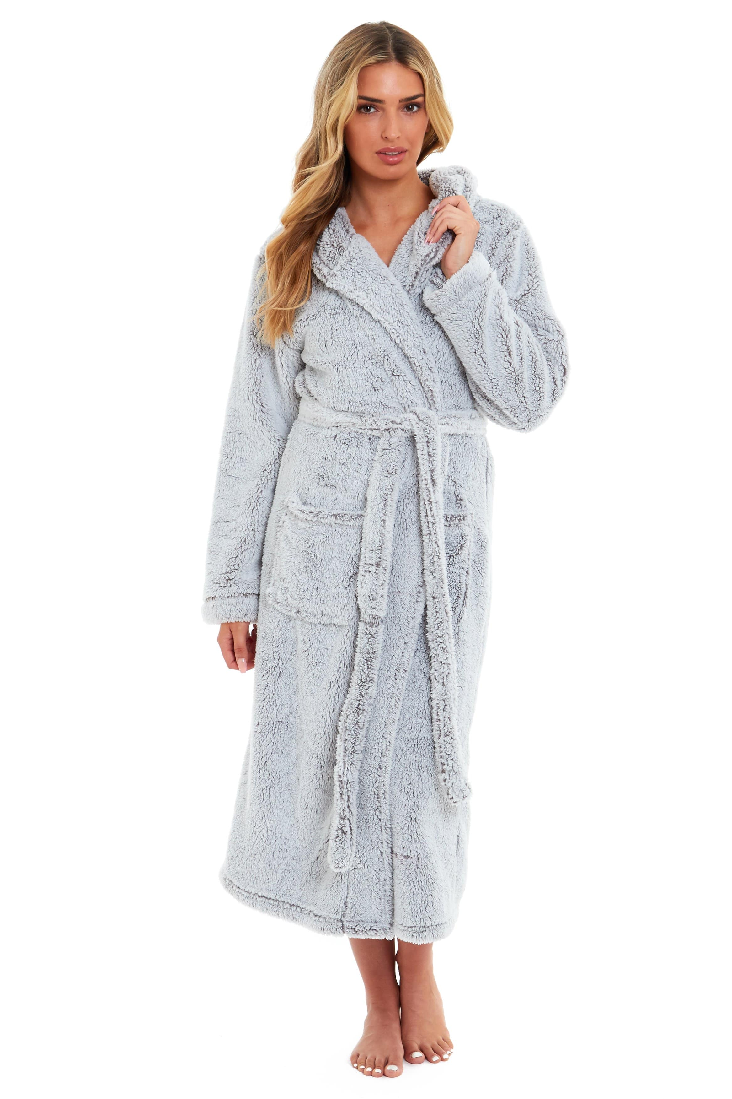 Women's Shimmer Grey Snuggle Fleece Touch Hooded Robe Luxurious Soft Loungewear Cosy Durable Dressing Gown UK Sizes 8-22