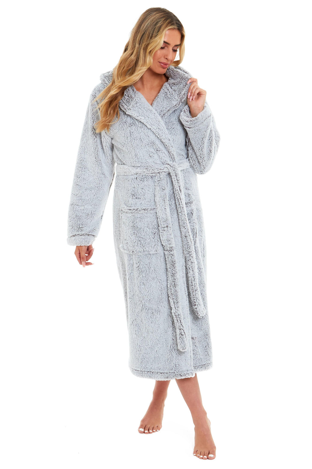 Women's Shimmer Grey Snuggle Fleece Touch Hooded Robe Luxurious Soft Loungewear Cosy Durable Dressing Gown UK Sizes 8-22
