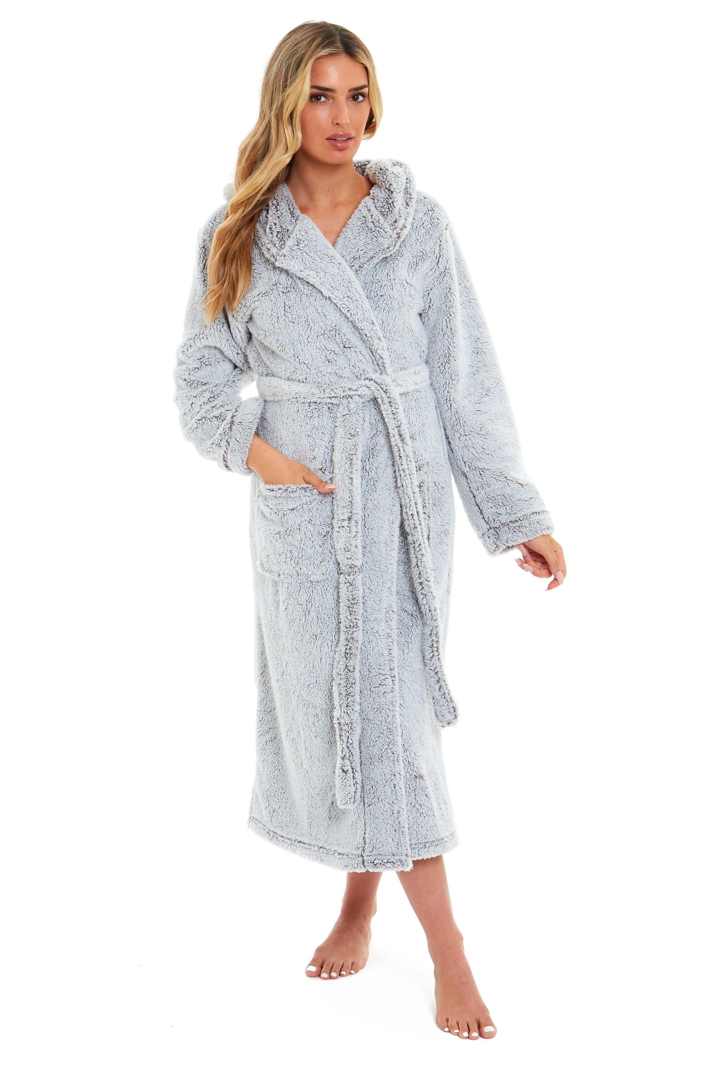 Women's Shimmer Grey Snuggle Fleece Touch Hooded Robe Luxurious Soft Loungewear Cosy Durable Dressing Gown UK Sizes 8-22