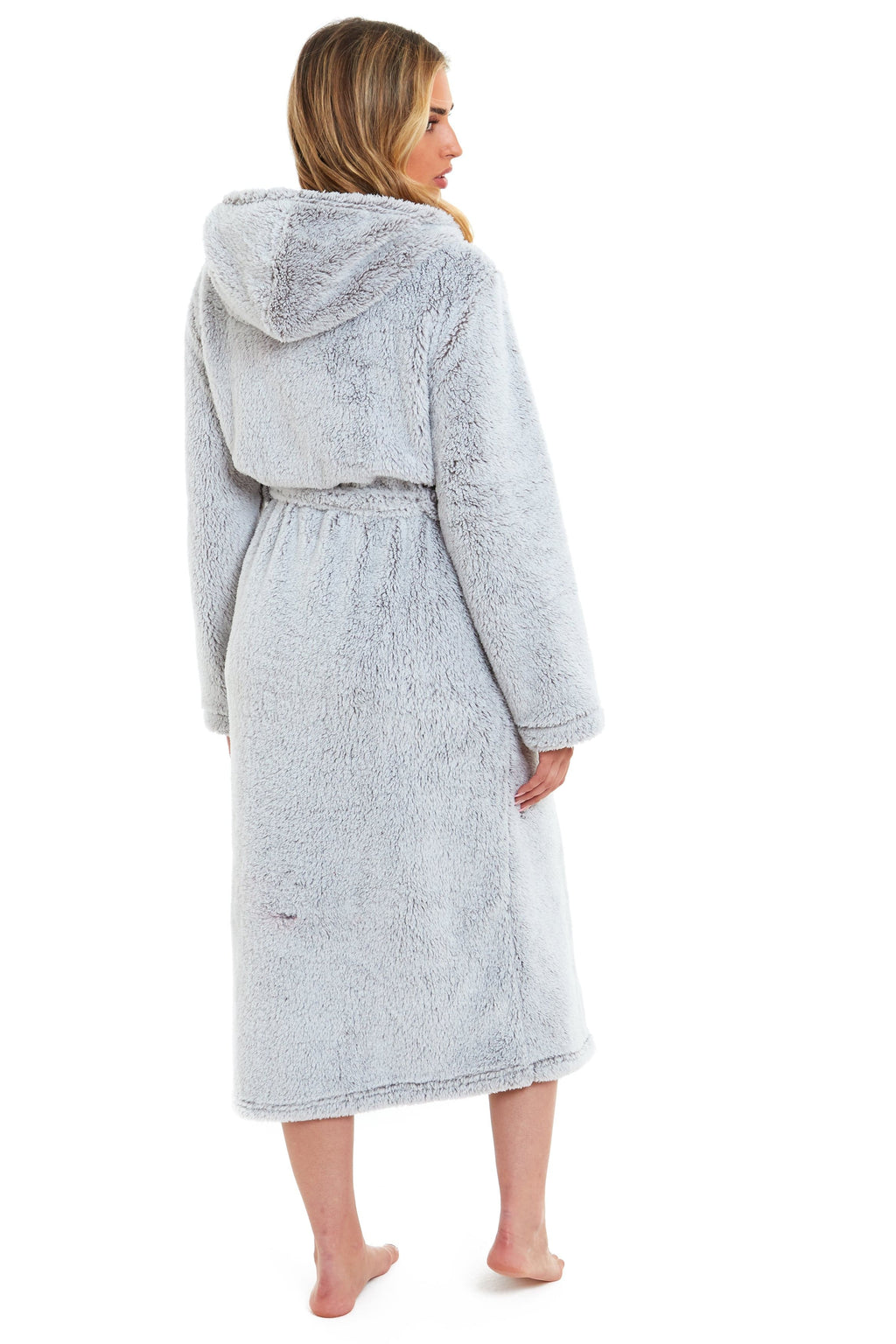 Women's Shimmer Grey Snuggle Fleece Touch Hooded Robe Luxurious Soft Loungewear Cosy Durable Dressing Gown UK Sizes 8-22