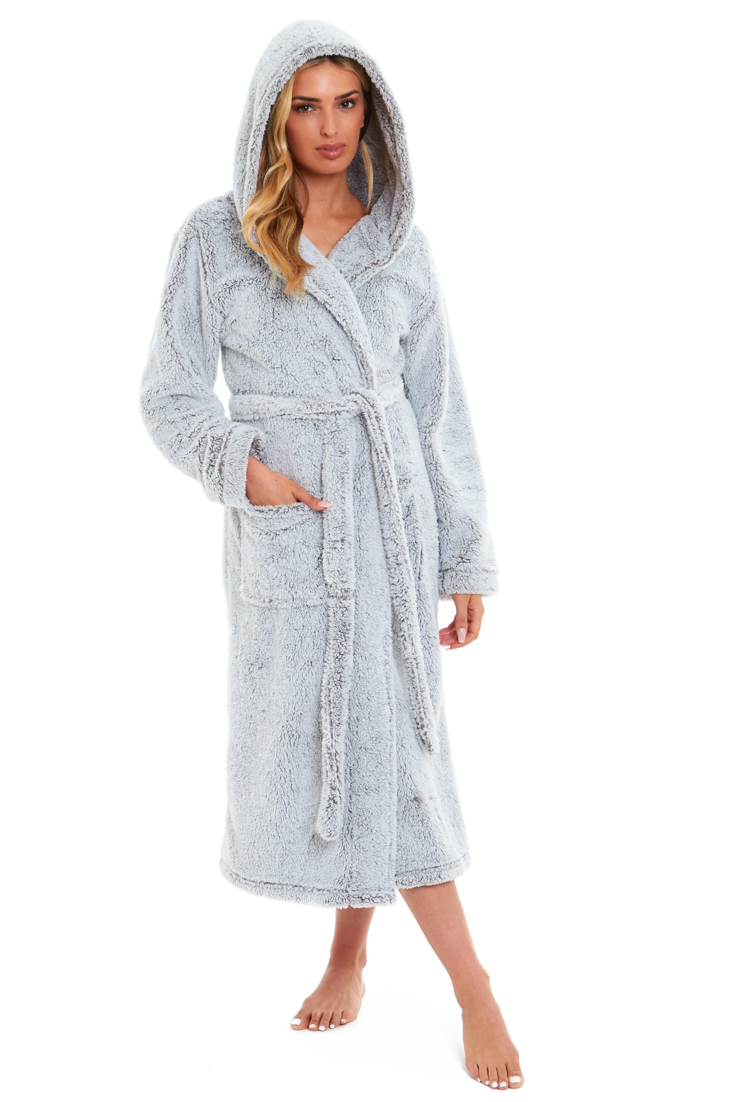 Women's Shimmer Grey Snuggle Fleece Touch Hooded Robe Luxurious Soft Loungewear Cosy Durable Dressing Gown UK Sizes 8-22