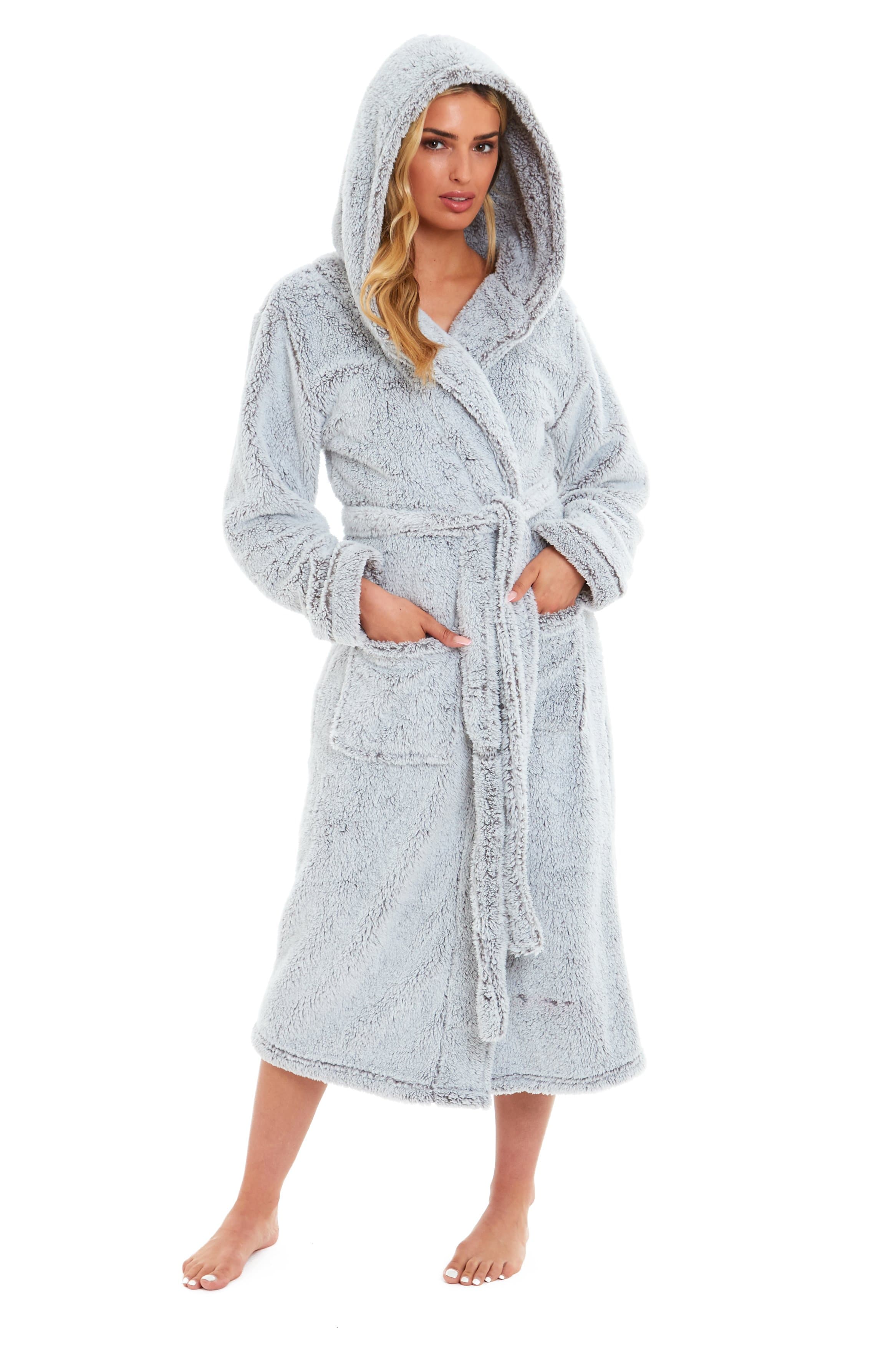Women's Shimmer Grey Snuggle Fleece Touch Hooded Robe Luxurious Soft Loungewear Cosy Durable Dressing Gown UK Sizes 8-22