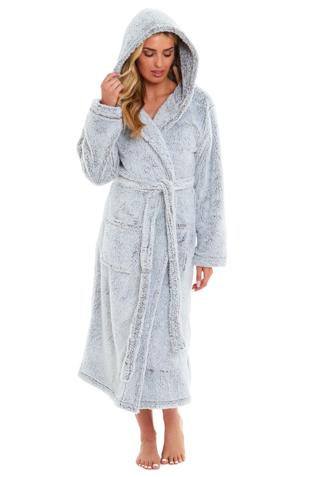 Women's Shimmer Grey Snuggle Fleece Touch Hooded Robe Luxurious Soft Loungewear Cosy Durable Dressing Gown UK Sizes 8-22