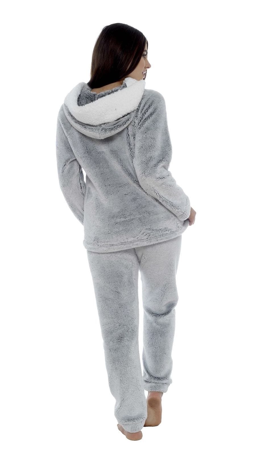 Women's Shimmer Grey Plush Fleece Hooded Pyjama Set with Sherpa Trim Cosy Stylish Nightwear Loungewear Gift for Women