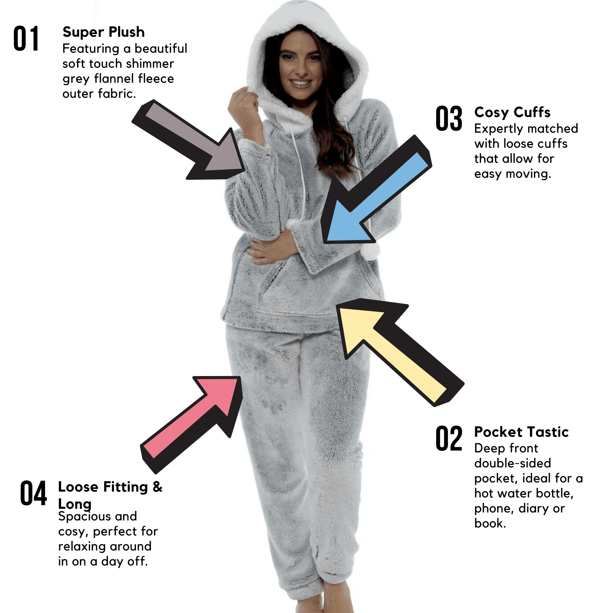 Women's Shimmer Grey Plush Fleece Hooded Pyjama Set with Sherpa Trim Cosy Stylish Nightwear Loungewear Gift for Women