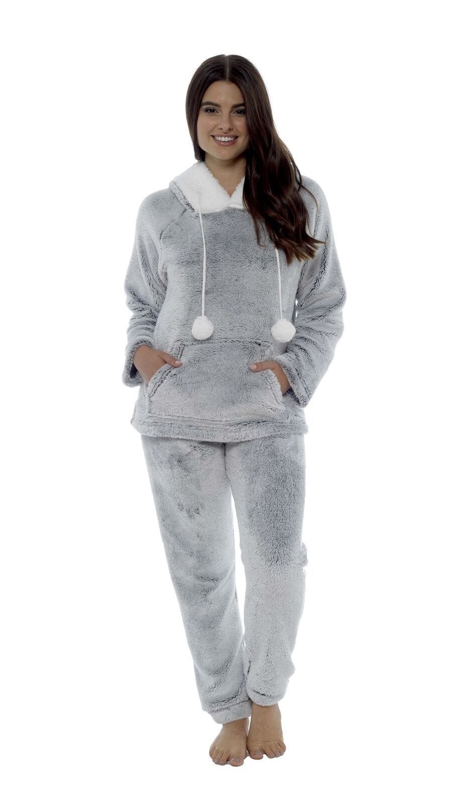 Women's Shimmer Grey Plush Fleece Hooded Pyjama Set with Sherpa Trim Cosy Stylish Nightwear Loungewear Gift for Women