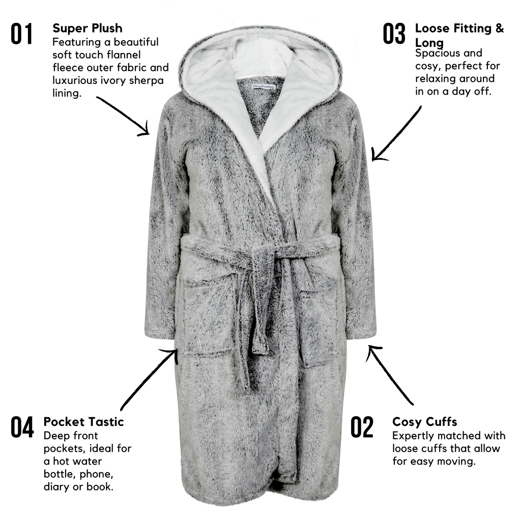 Women's Shimmer Grey Plush Fleece Hooded Robe with Ultra-Soft Sherpa Lining for Luxurious Loungewear and Nightwear